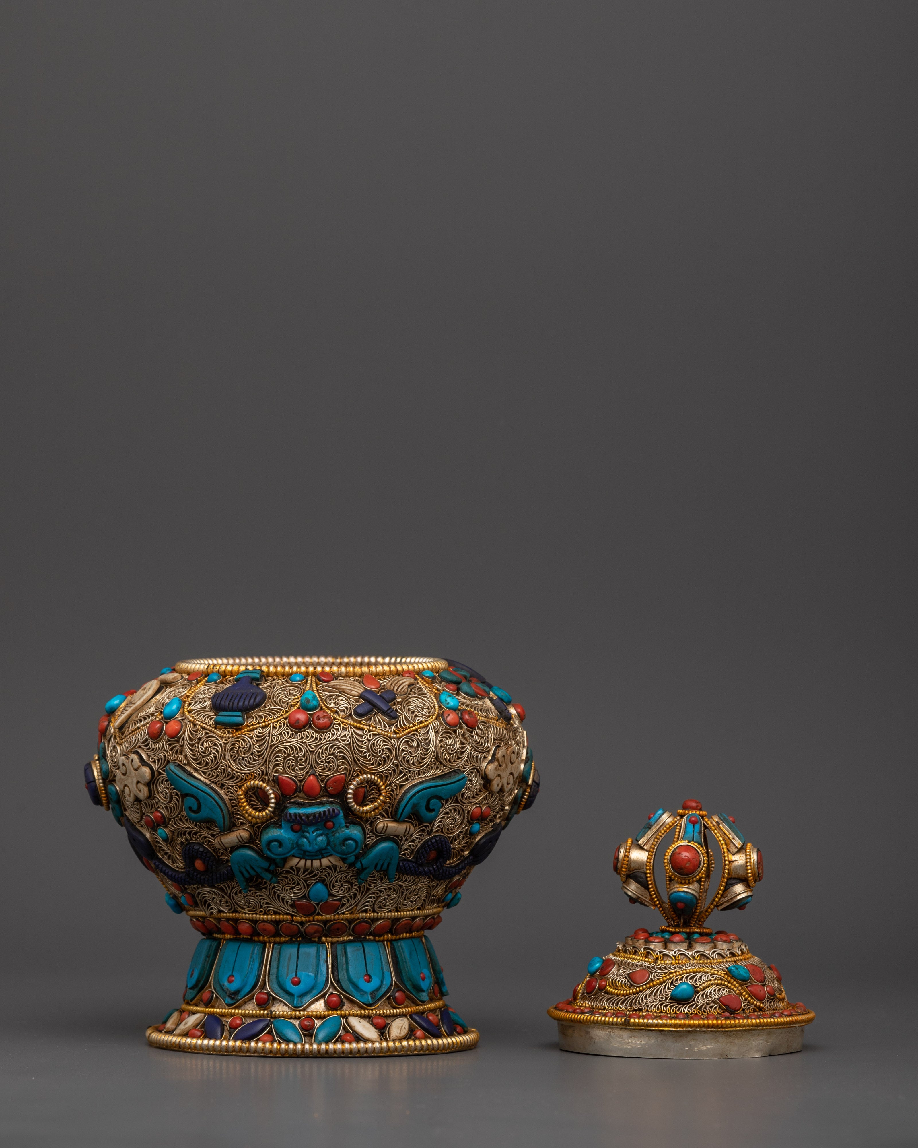 Beautiful Tibetan Rice Pot  with Stones Floral Motifs | Ideal for Altar, Decor, and Rituals