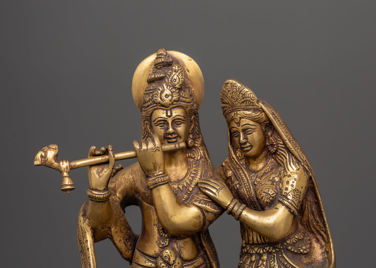Brass Radha Krishna Statue | Hindu Deity Sculpture for Home Temple & Sacred Decor