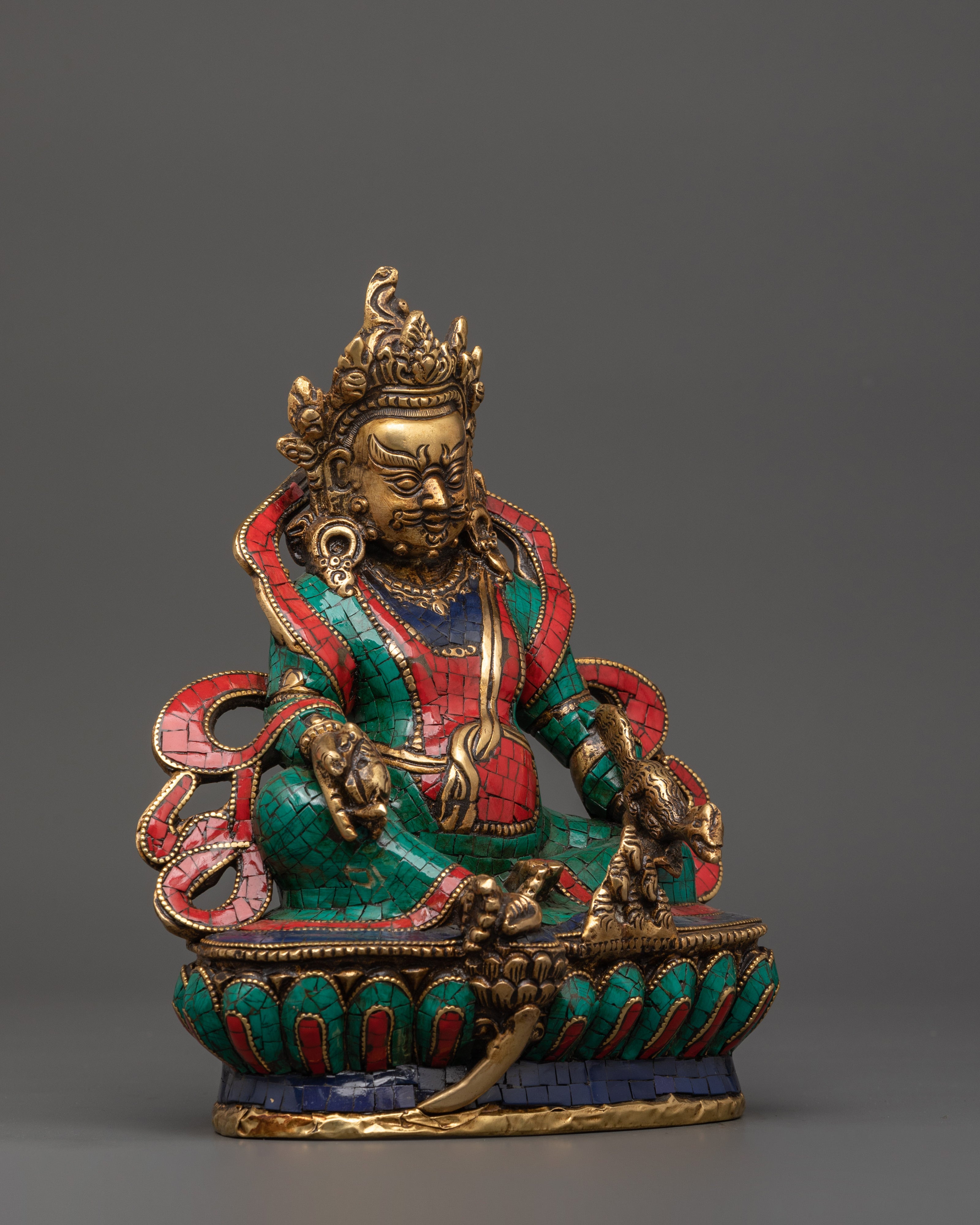 Brass Dzambhala Statue with Coral | Buddhist Altar Decor