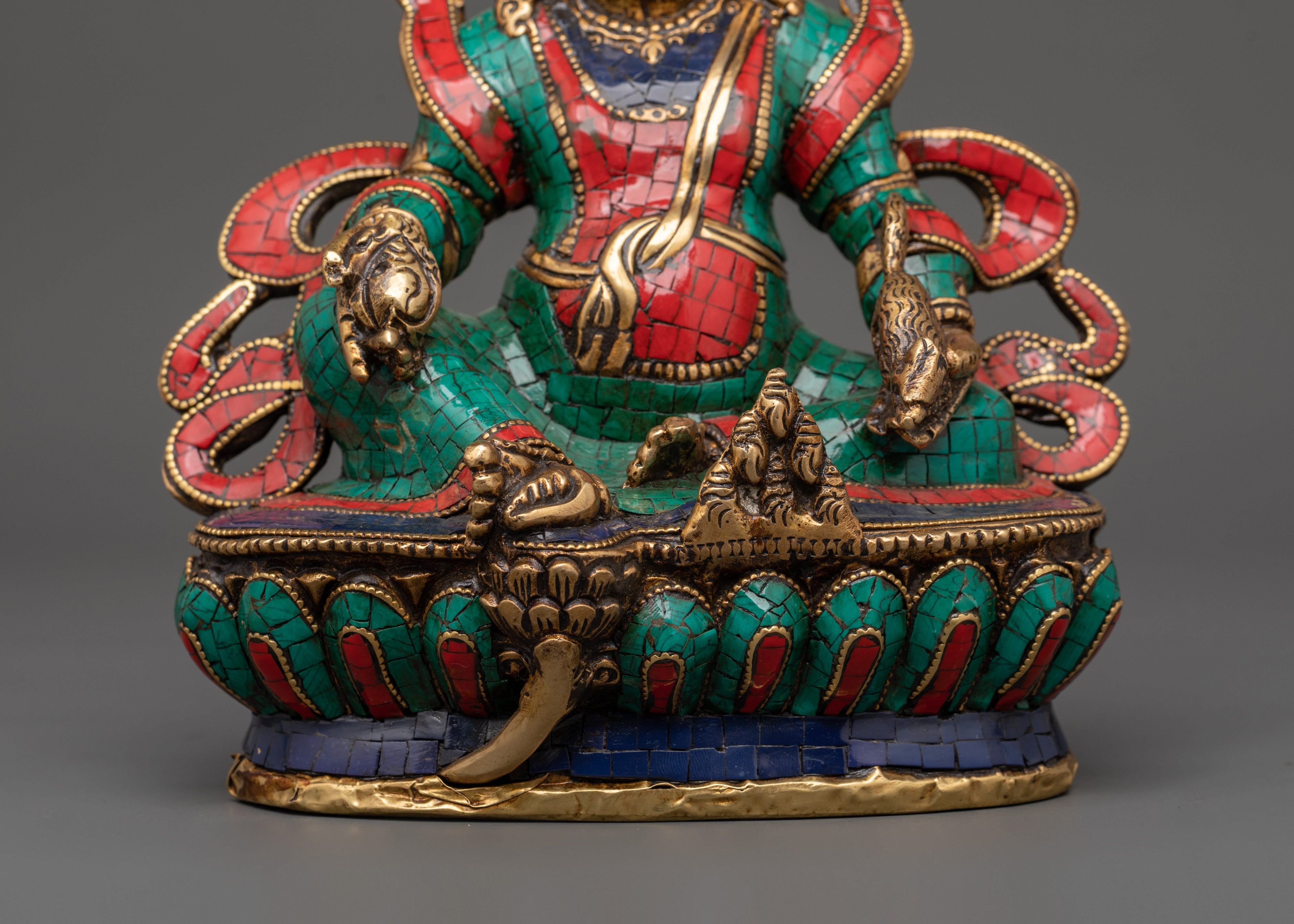 Brass Dzambhala Statue with Coral | Buddhist Altar Decor