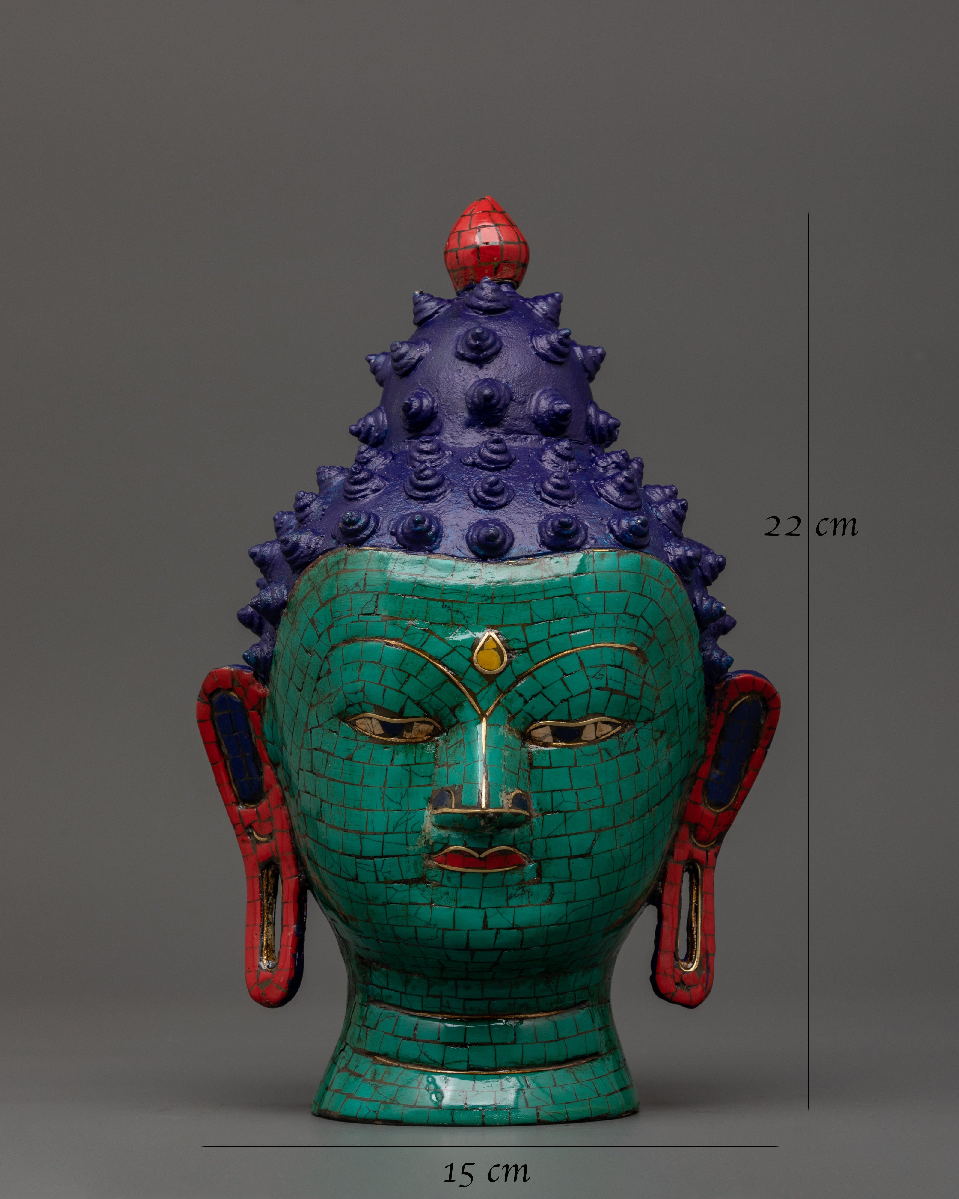 Brass Buddha Head Statue with Turquoise | Peaceful Spiritual Decor