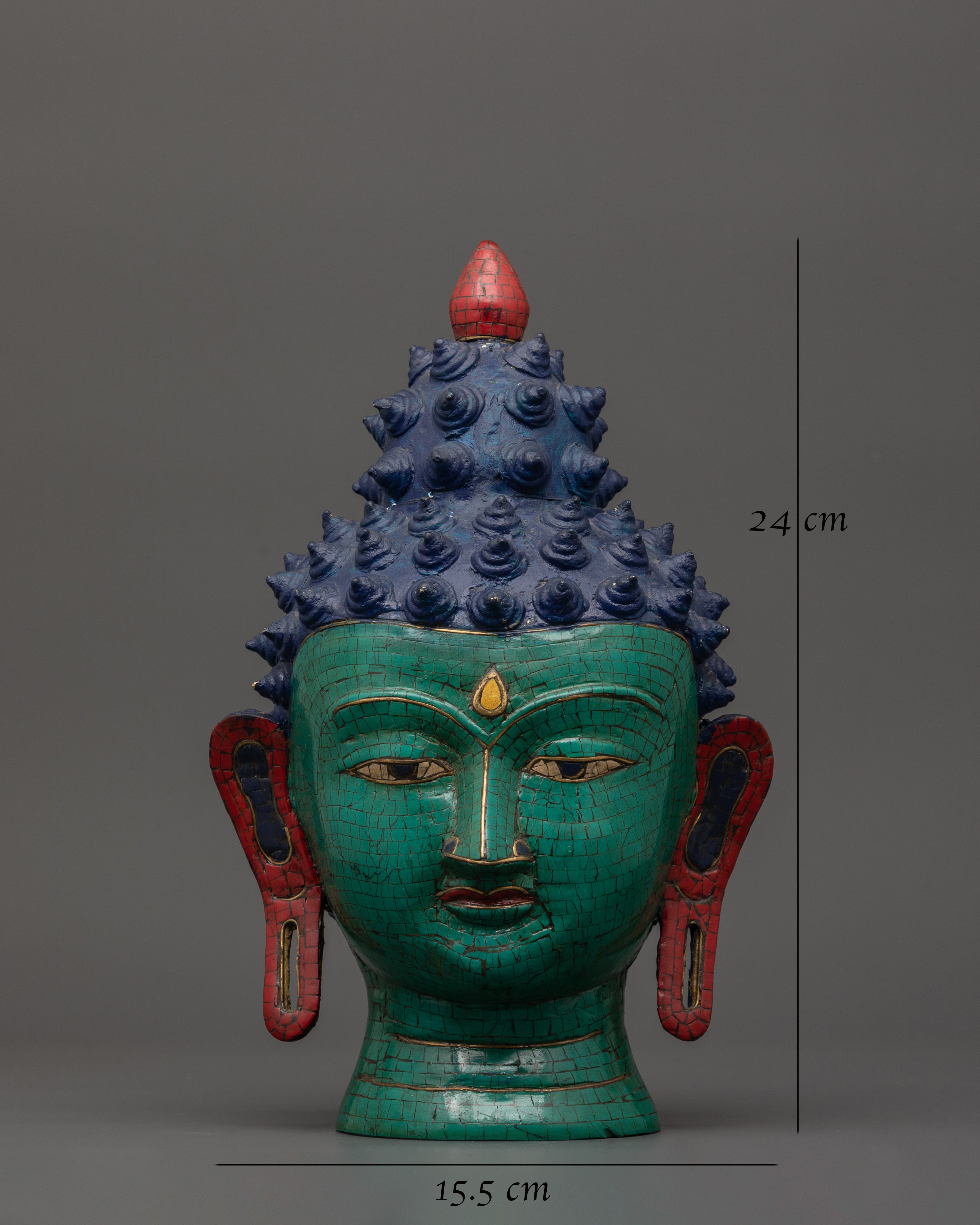 Large Brass Buddha Head Statue | Turquoise & Coral Inlay