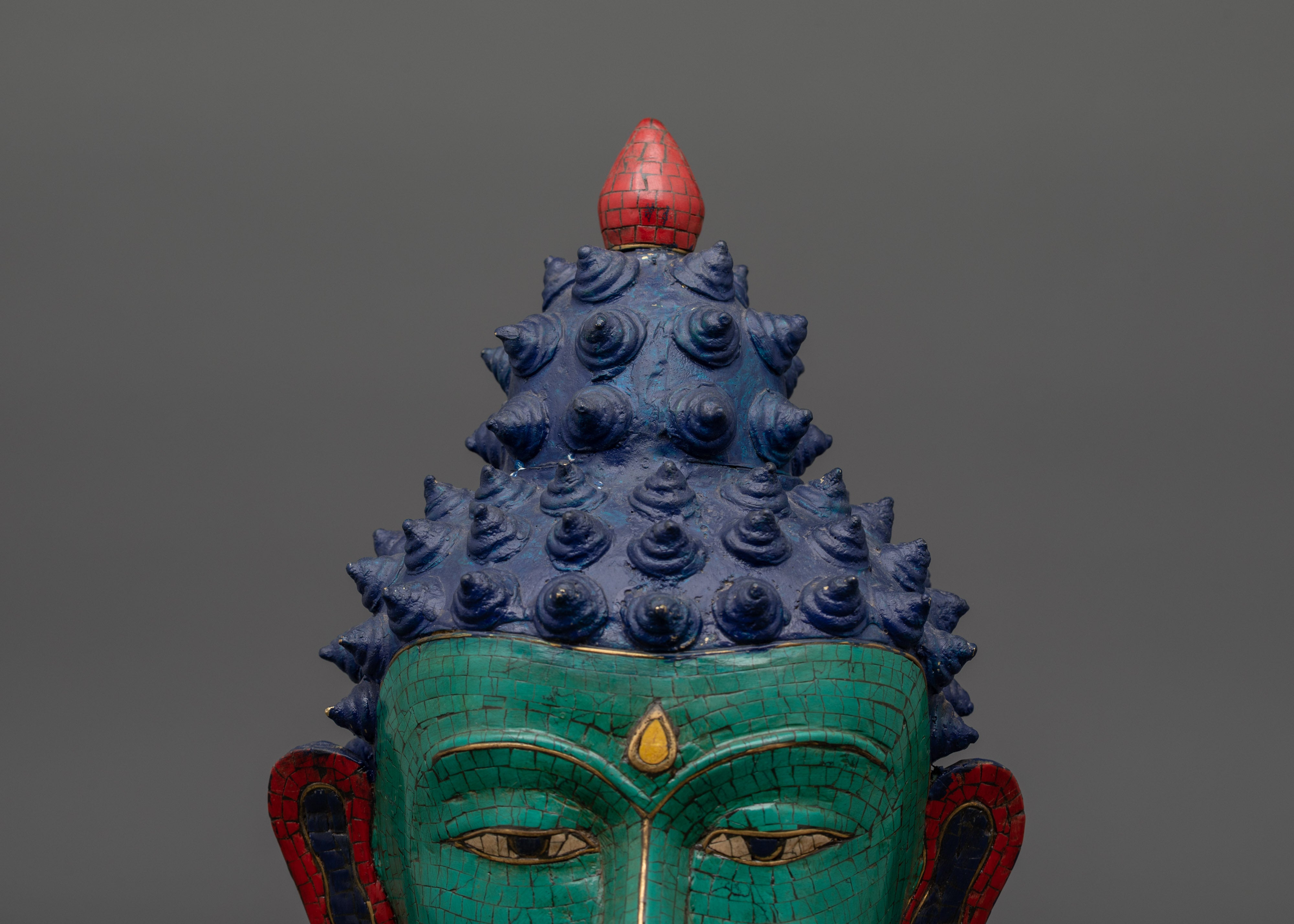 Large Brass Buddha Head Statue | Turquoise & Coral Inlay
