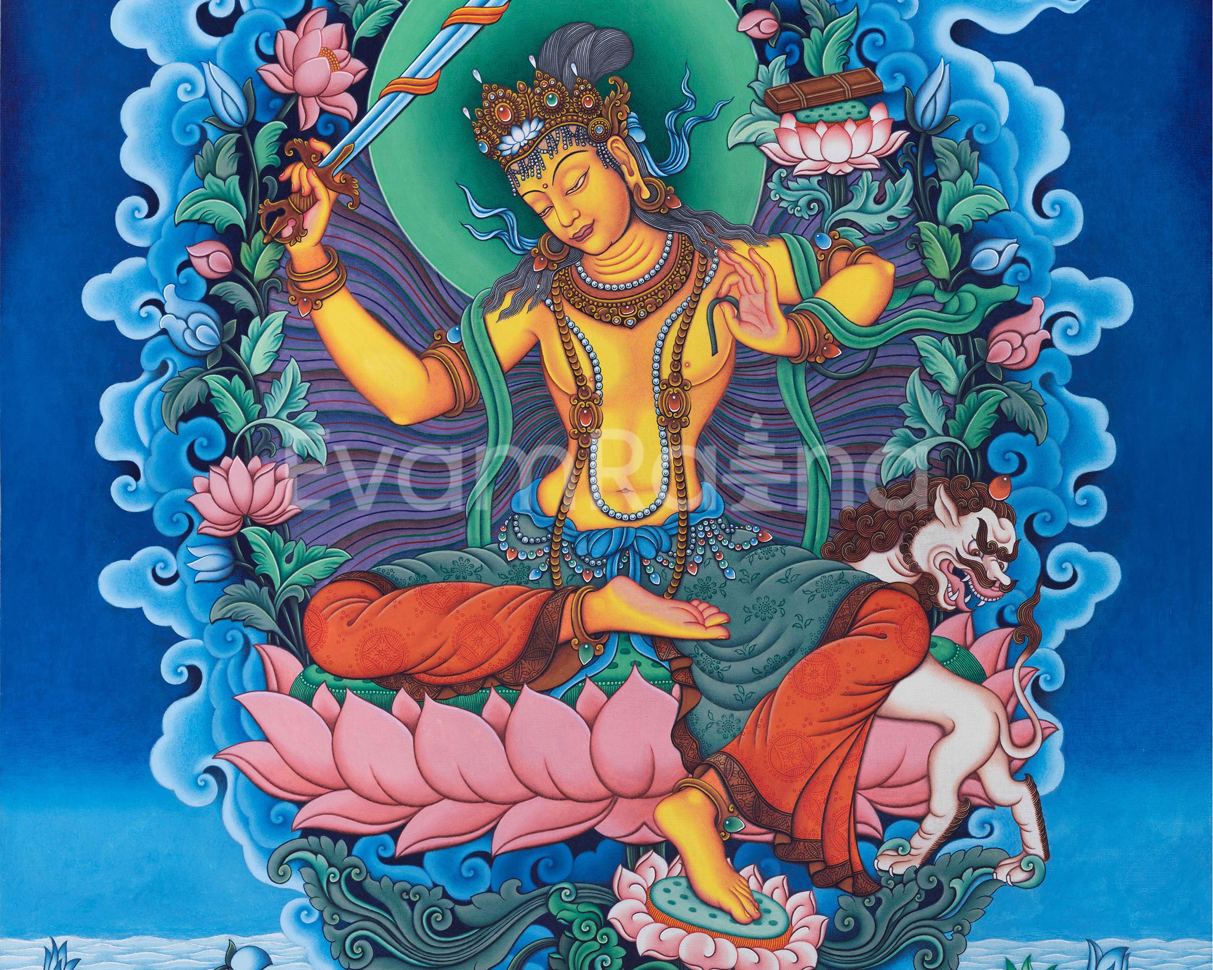 Manjushri Bodhicitta Prayer Thangka Print | The Bodhisattva Of Compassion Art For Daily Prayers
