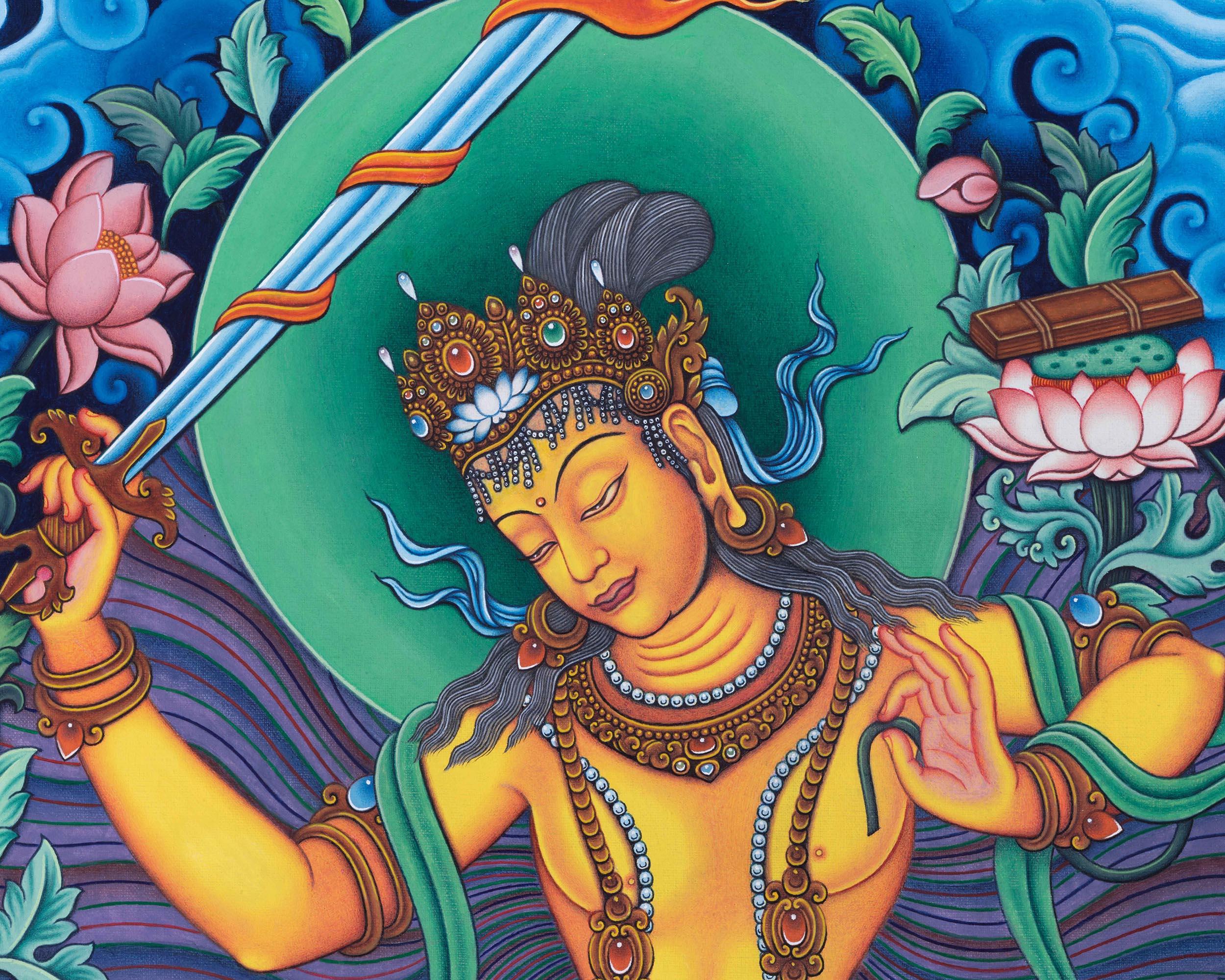 Manjushri Bodhicitta Prayer Thangka Print | The Bodhisattva Of Compassion Art For Daily Prayers