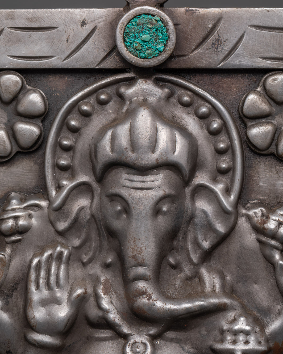 Hand-carved Ganesh Wall Hanging | Iron & Turquoise Stone Sculpture
