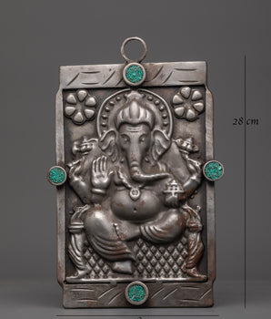 Hand-carved Ganesh Wall Hanging | Iron & Turquoise Stone Sculpture