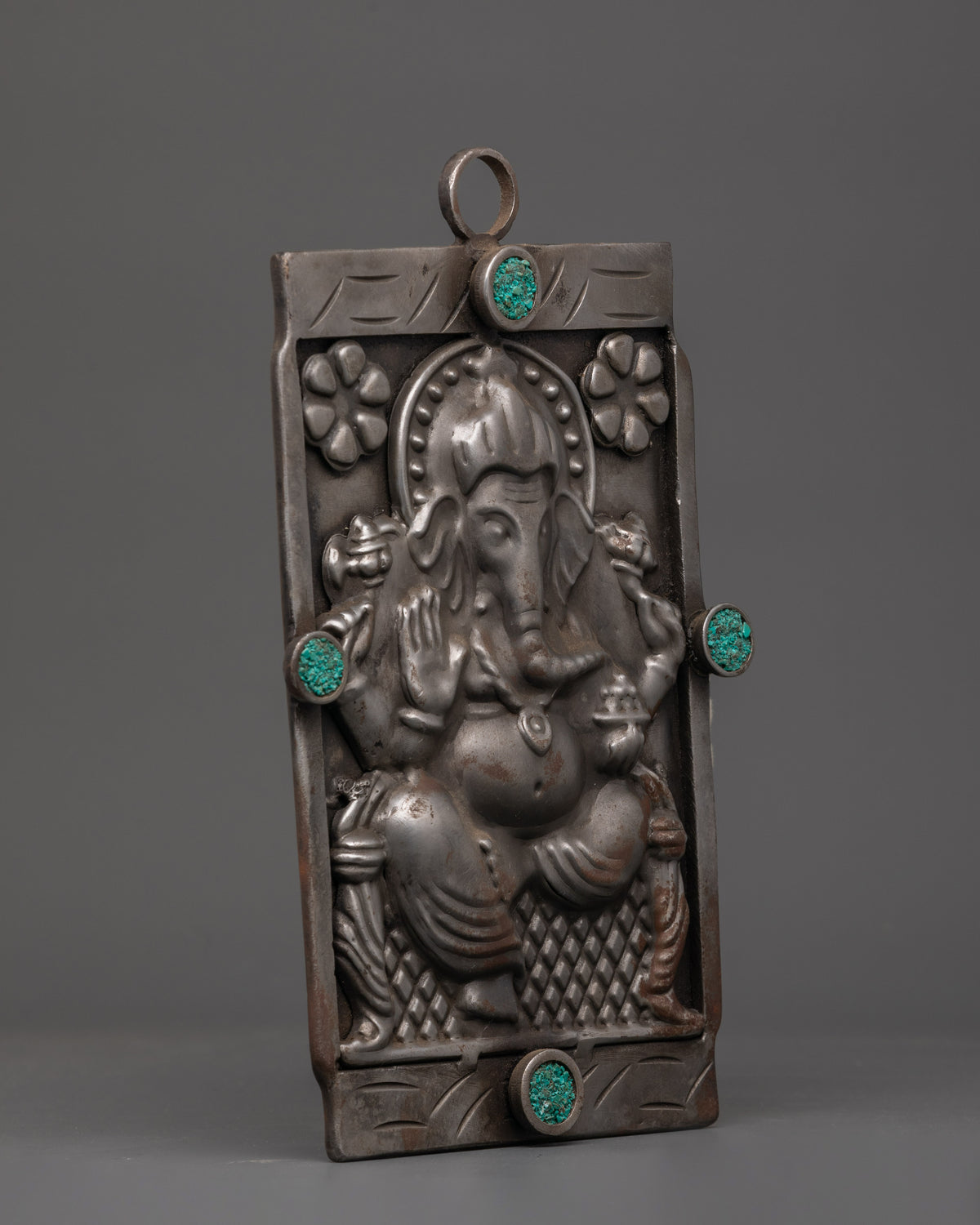 Hand-carved Ganesh Wall Hanging | Iron & Turquoise Stone Sculpture