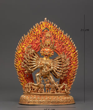 Wrathful Protector Deity Yamantaka Gold-Plated Statue | Fierce Tibetan Buddhist Guardian