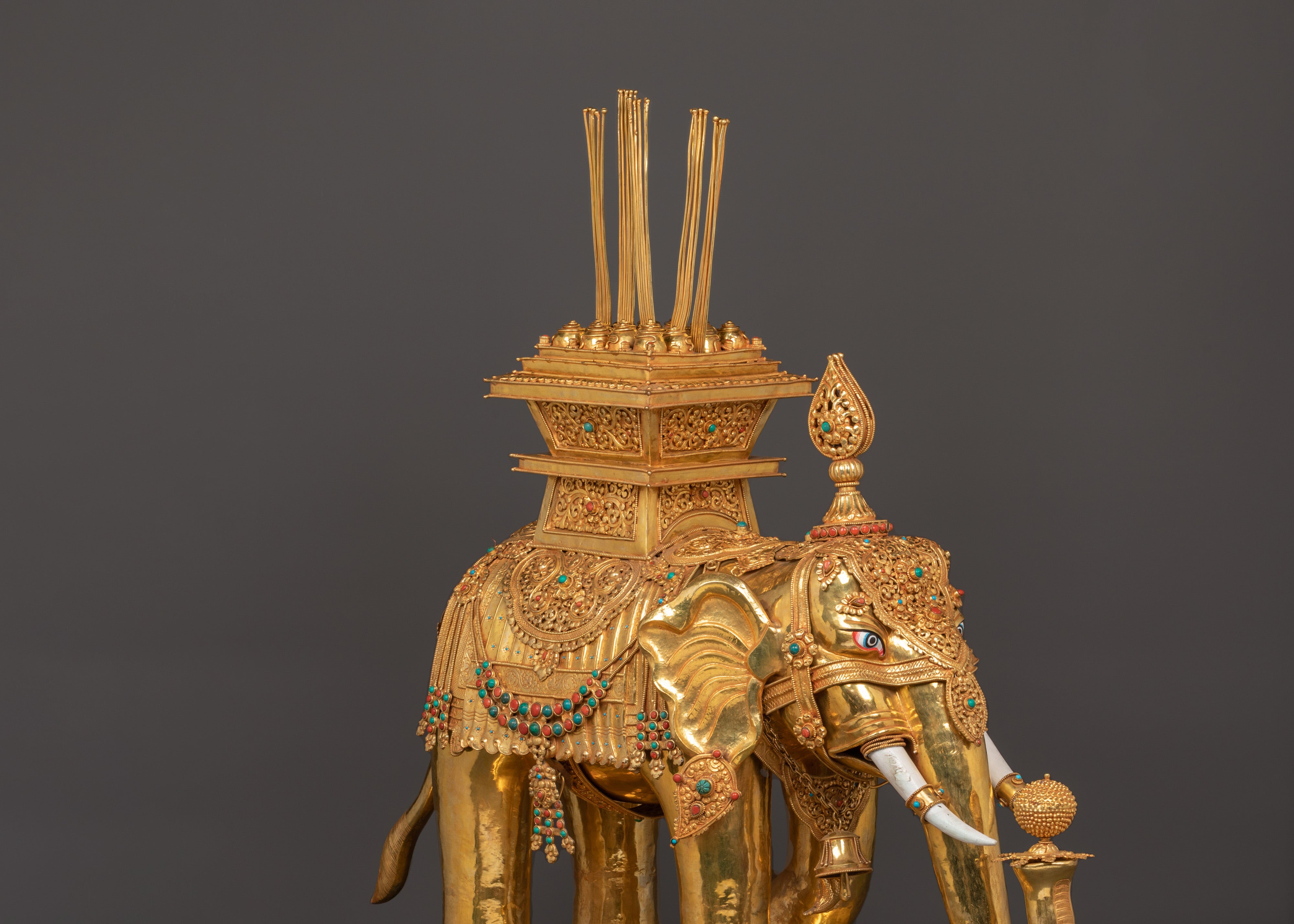 Tibetan Elephant Set Statue | Gold-Plated Brass Elephant Pair for Decor
