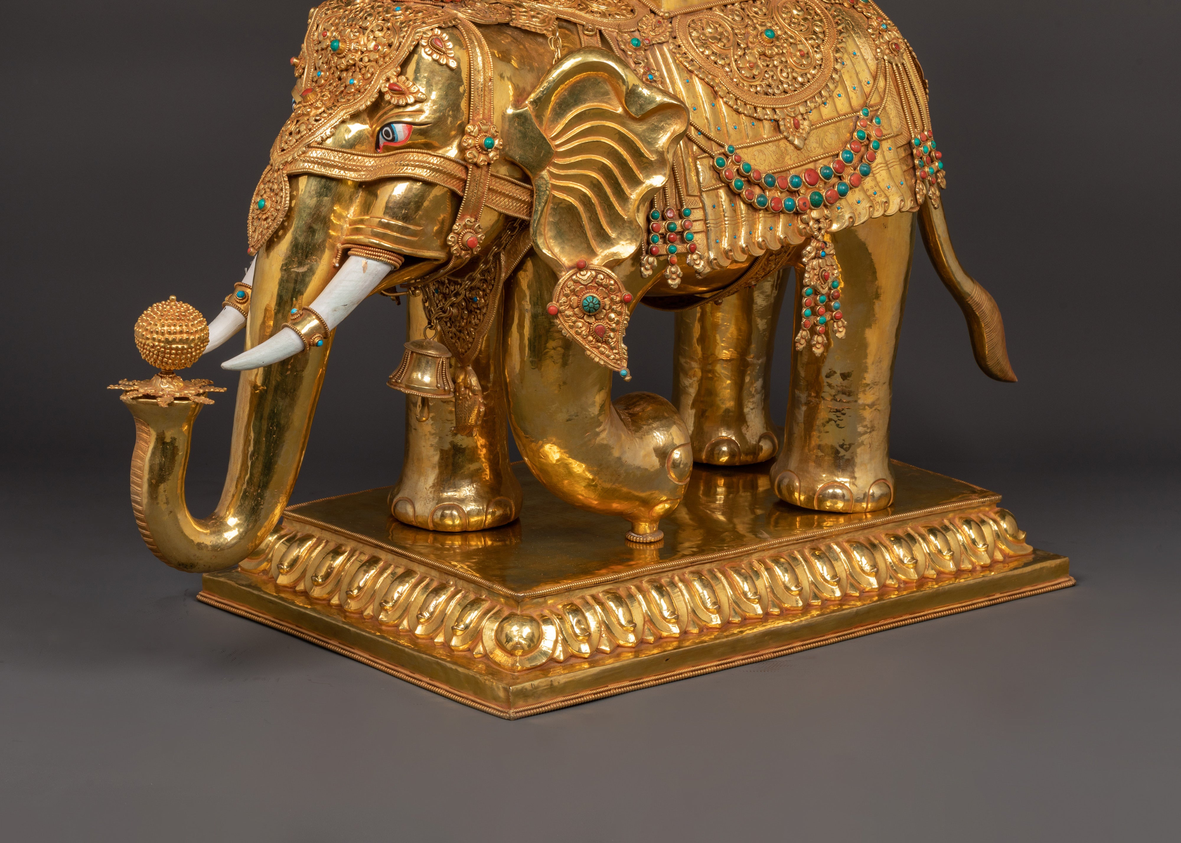 Tibetan Elephant Set Statue | Gold-Plated Brass Elephant Pair for Decor