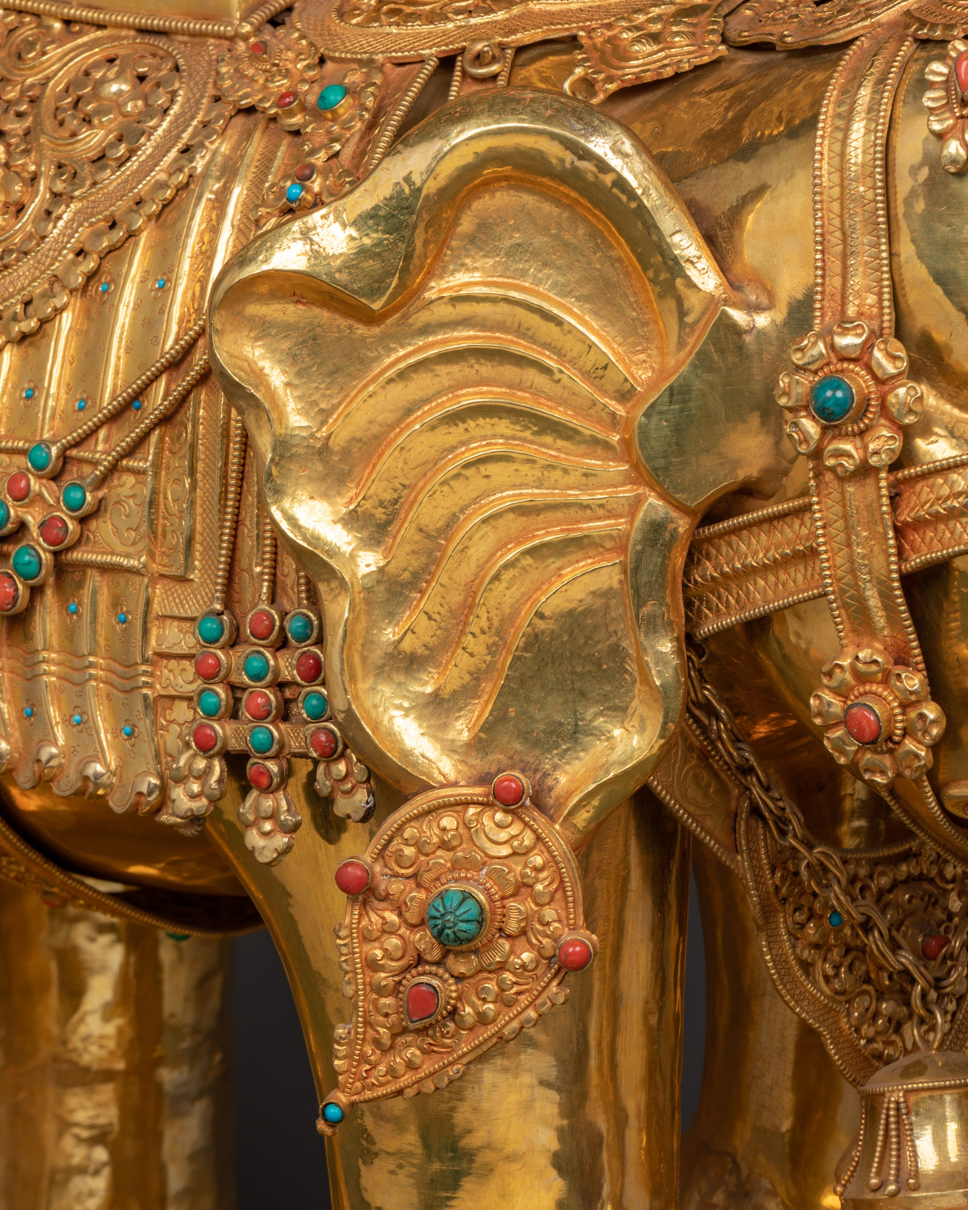 Tibetan Elephant Set Statue | Gold-Plated Brass Elephant Pair for Decor