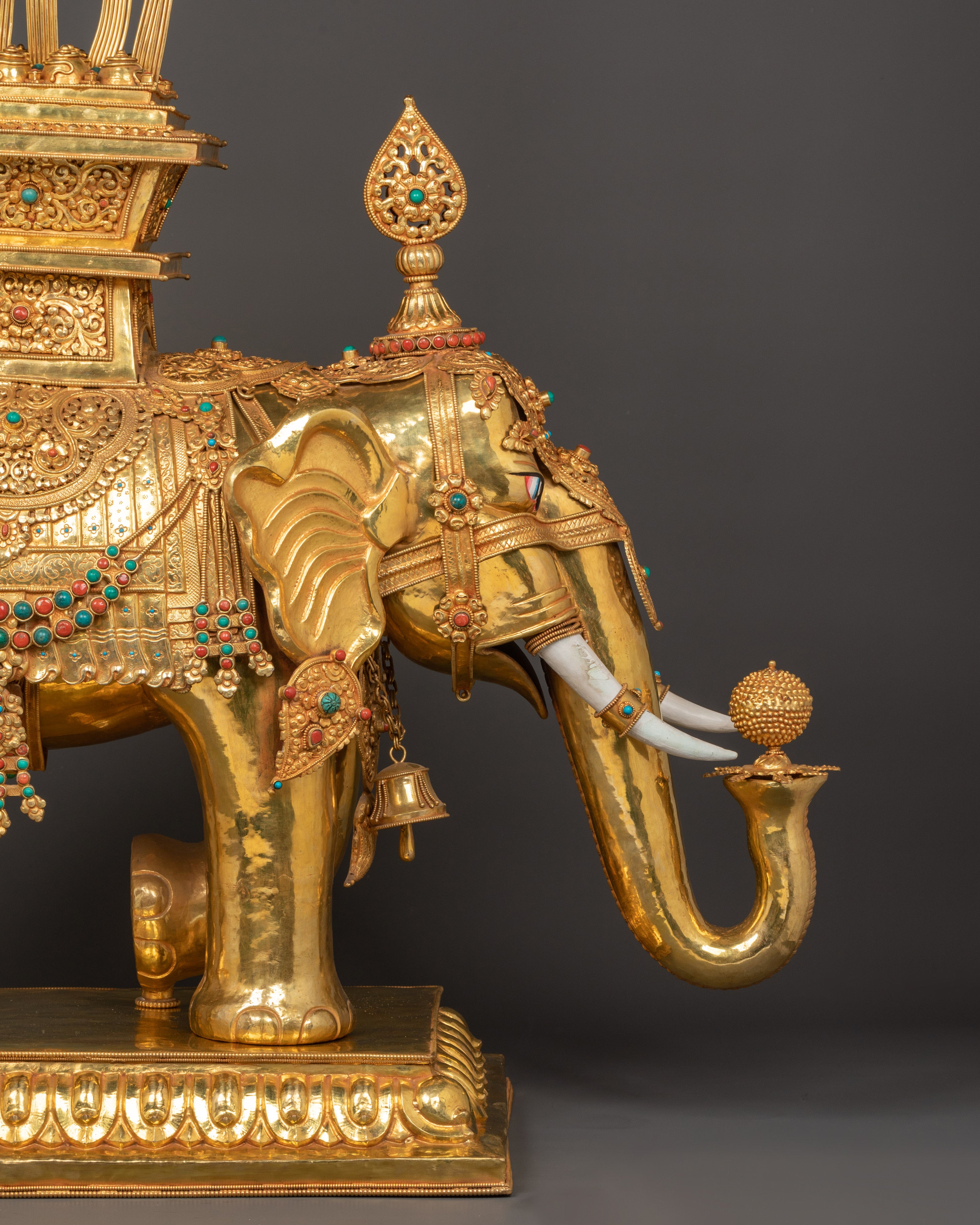 Tibetan Elephant Set Statue | Gold-Plated Brass Elephant Pair for Decor