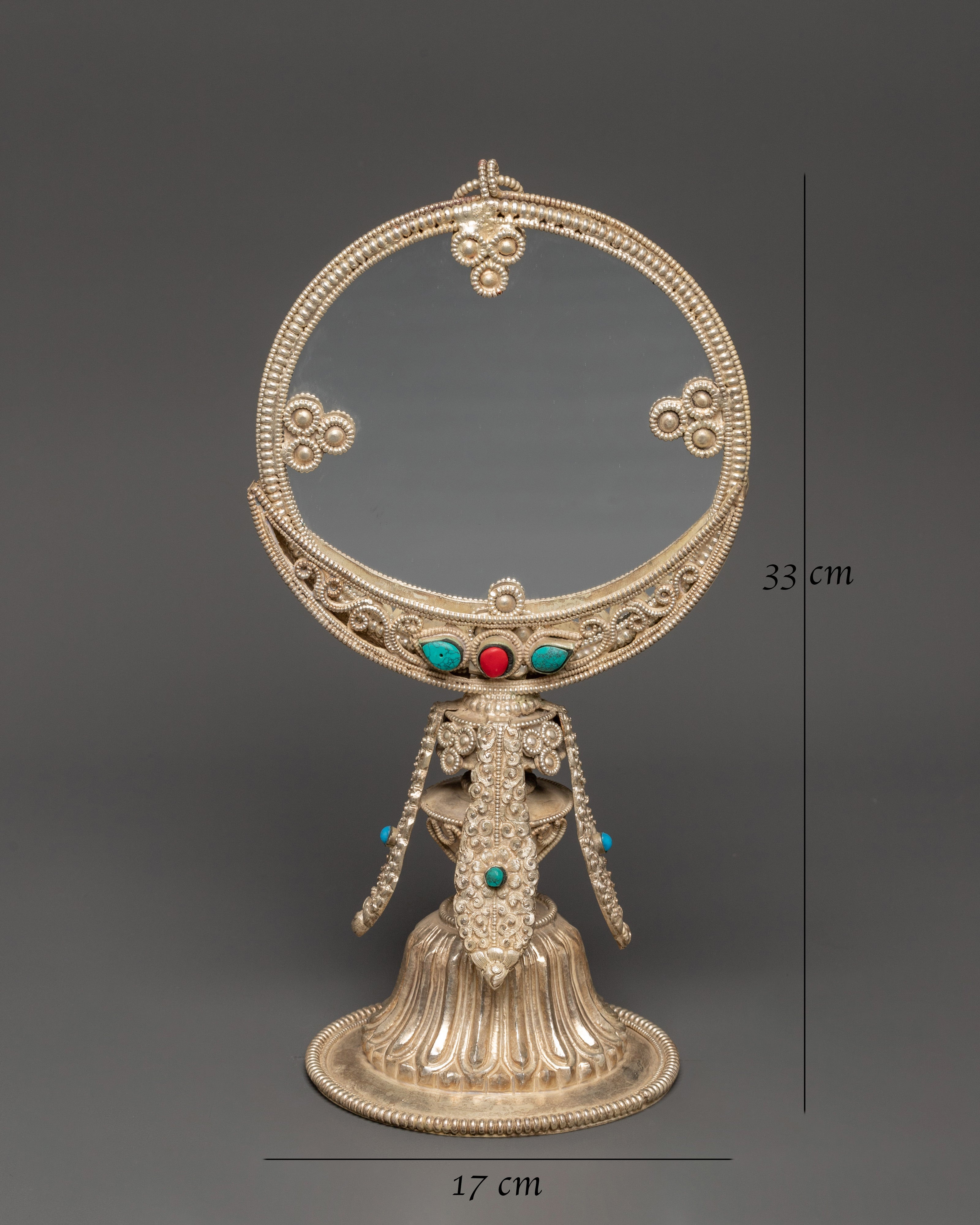 Tibetan Double-Sided Mirror |  White Metal Buddhist Altar Decor