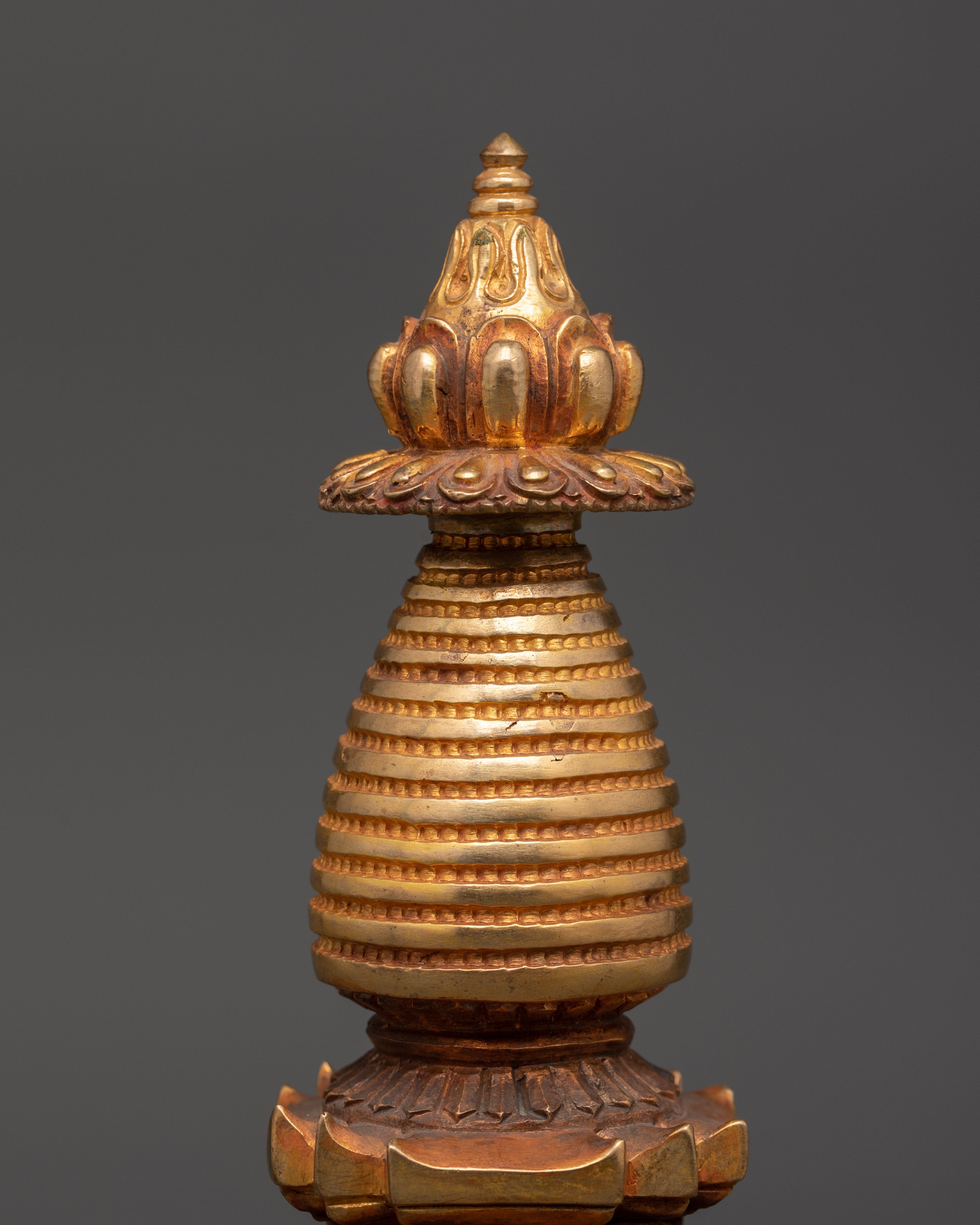 Handcrafted Himalayan Buddhist Stupa | Copper Gold Plated Shrine Artifact