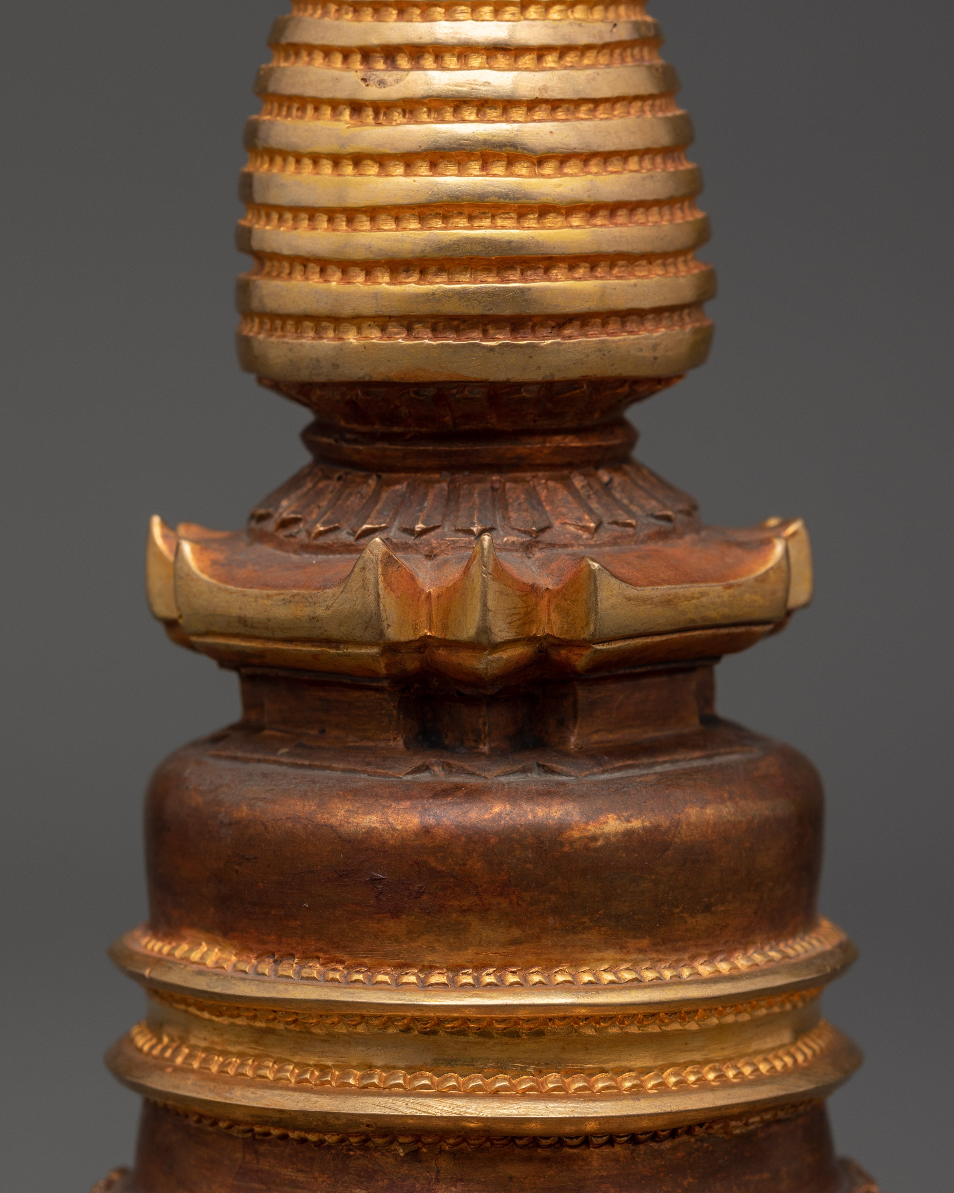 Handcrafted Himalayan Buddhist Stupa | Copper Gold Plated Shrine Artifact