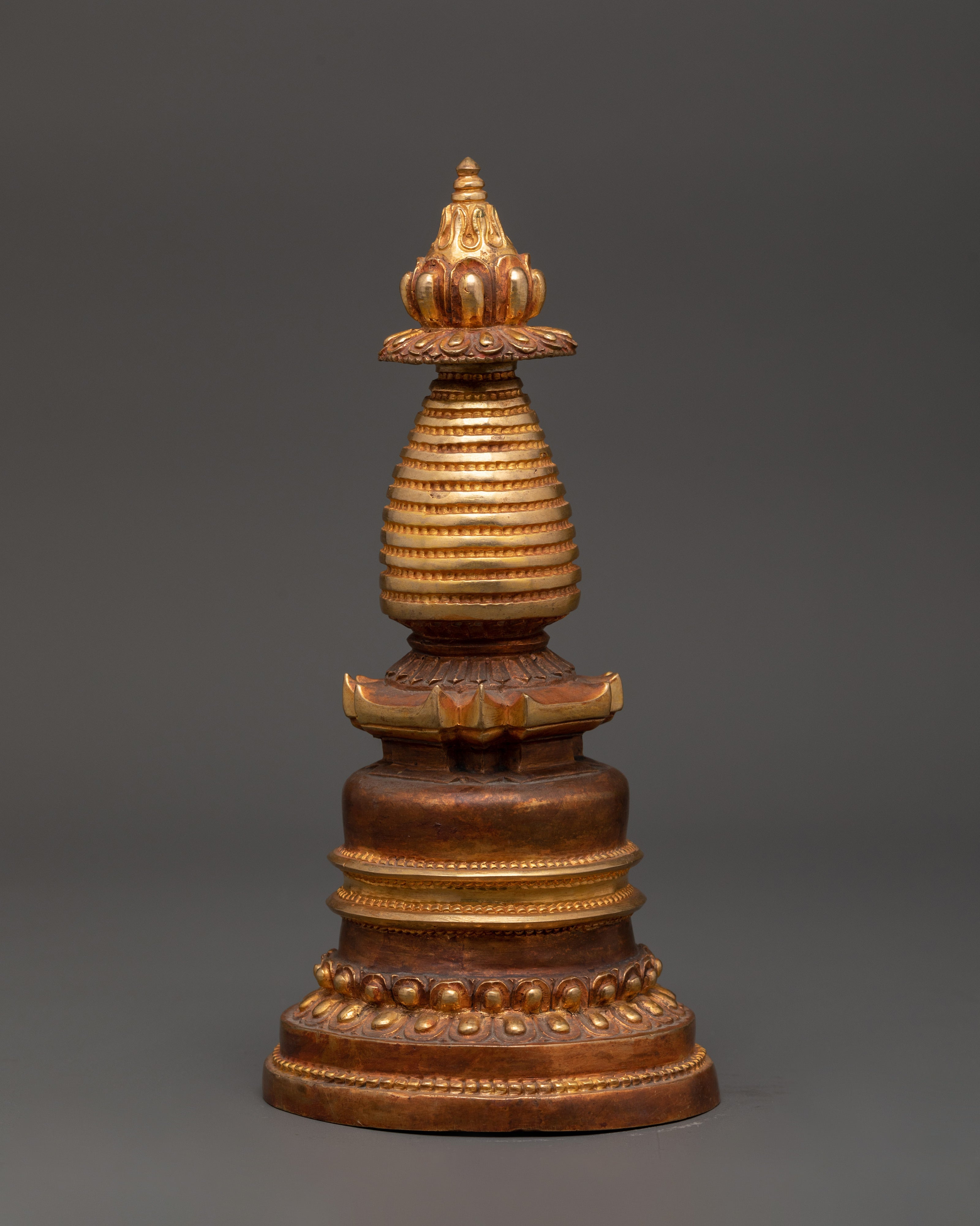 Handcrafted Himalayan Buddhist Stupa | Copper Gold Plated Shrine Artifact