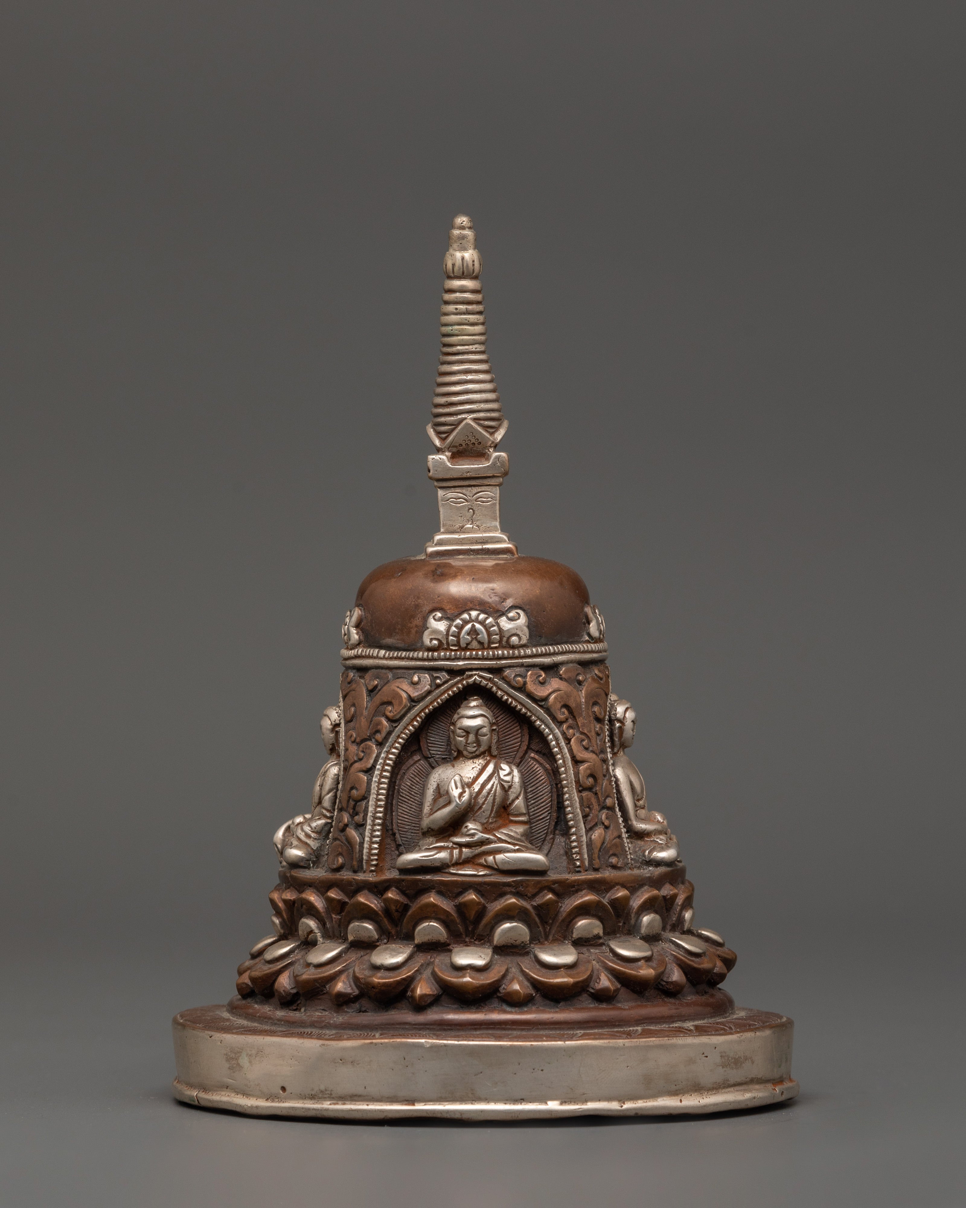 Lotus Moon Disc Engraved Buddha Stupa | Handcrafted Tibetan Stupa
