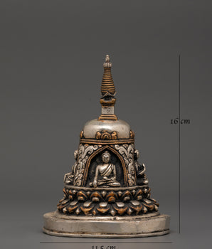 Oxidized Copper Stupa with Silver Plating 4 Buddha Engraved | Spiritual Home Decor