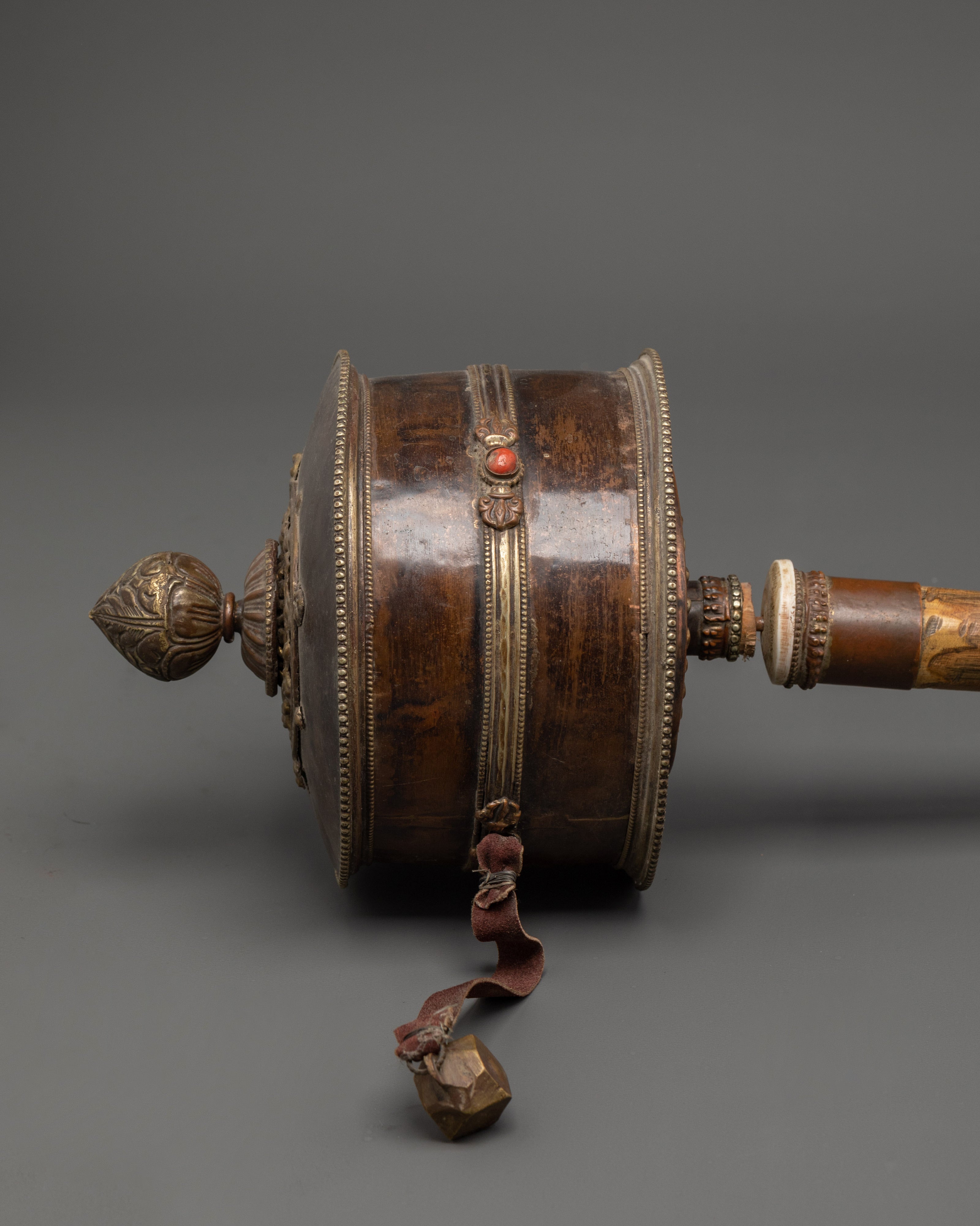 Tibetan Buddhist Oxidized Prayer Wheel | Oxidized Copper & Wooden Mantra Spinner
