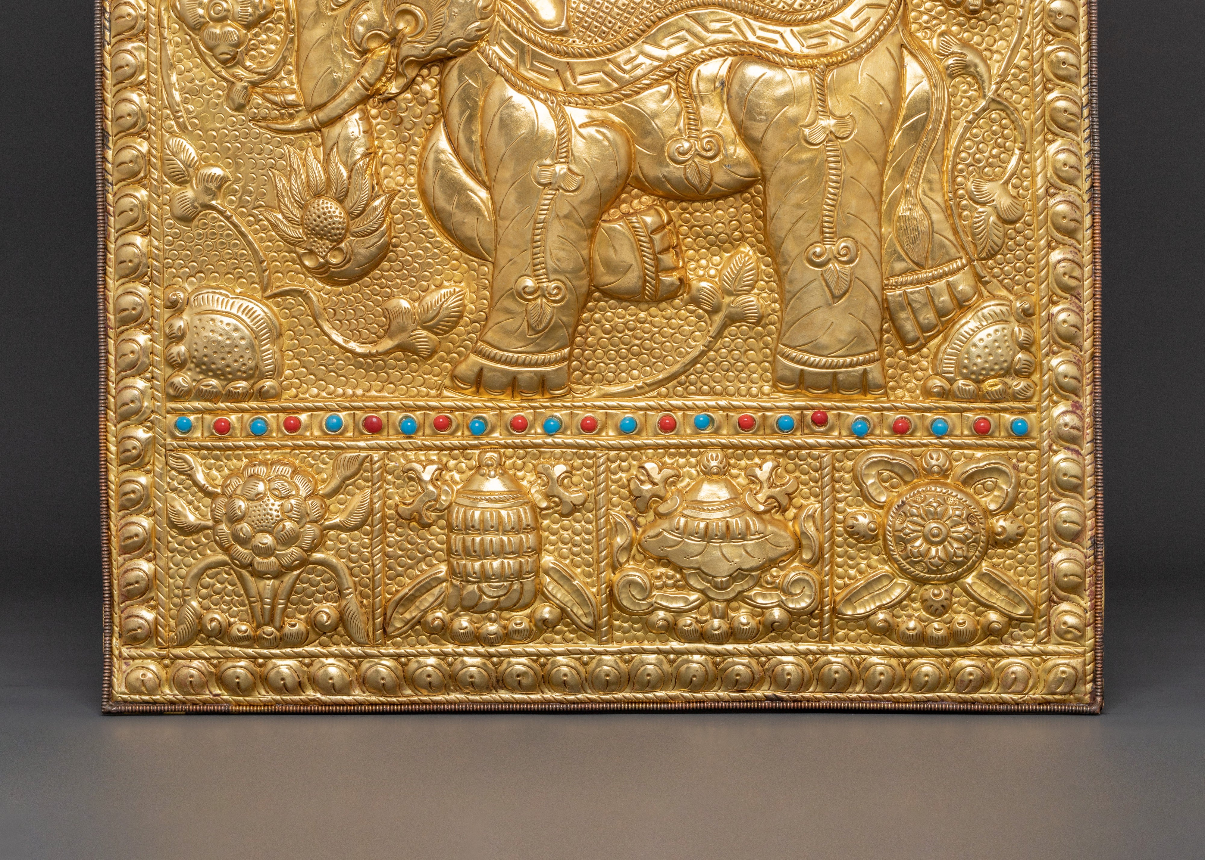 Auspicious Symbol Wall Plaque | Tibetan Metal Thangka with 8 Auspicious Symbols