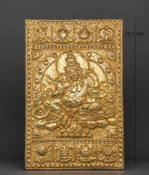 Dzambhala Metal Thangka Wall Hanging | Brass Tibetan Wealth Deity Artwork