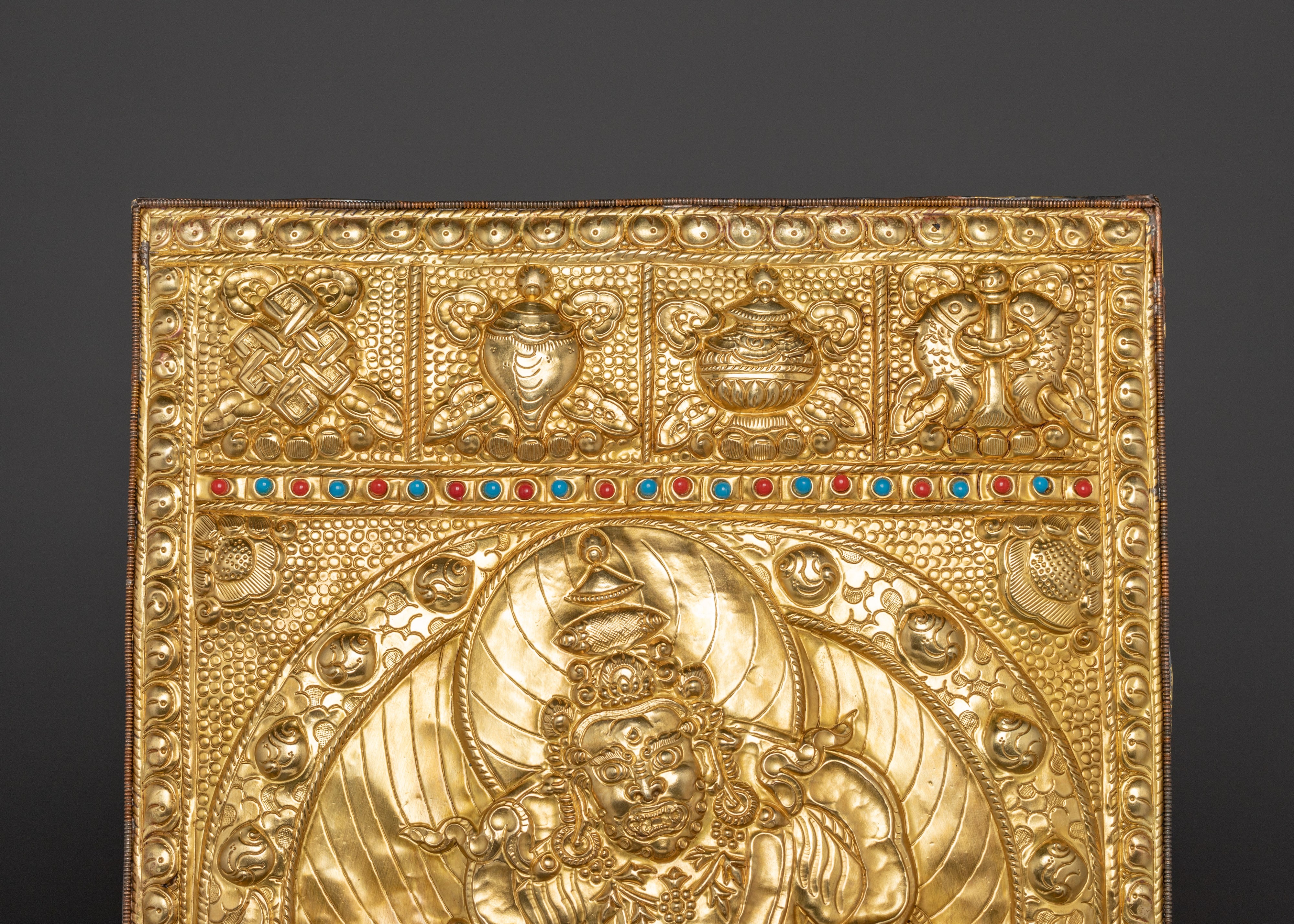 Dzambhala Metal Thangka Wall Hanging | Brass Tibetan Wealth Deity Artwork