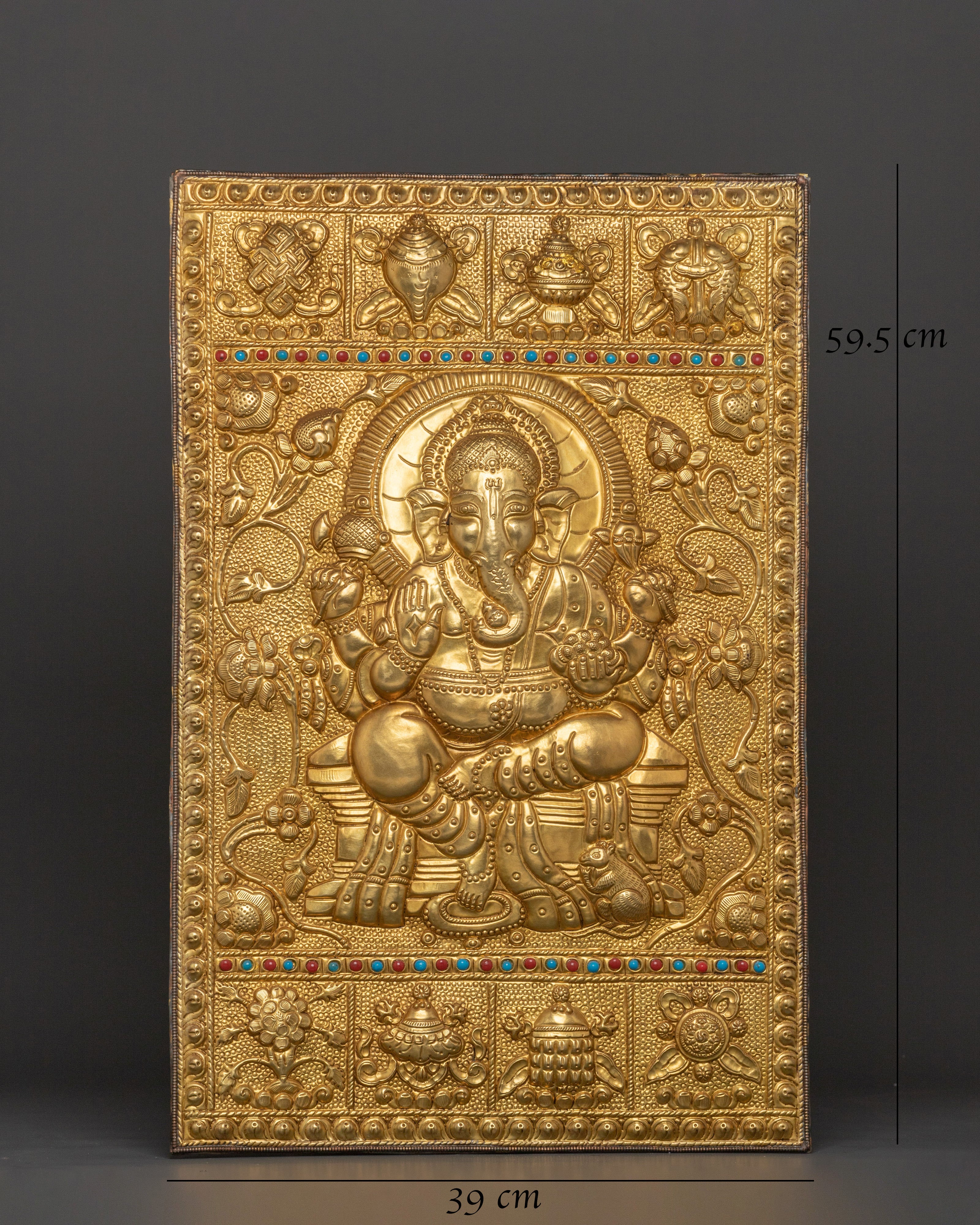 Lord Ganesha Engraved Wall Hanging | Brass Ganesha Sculpture with Colorful Inlay