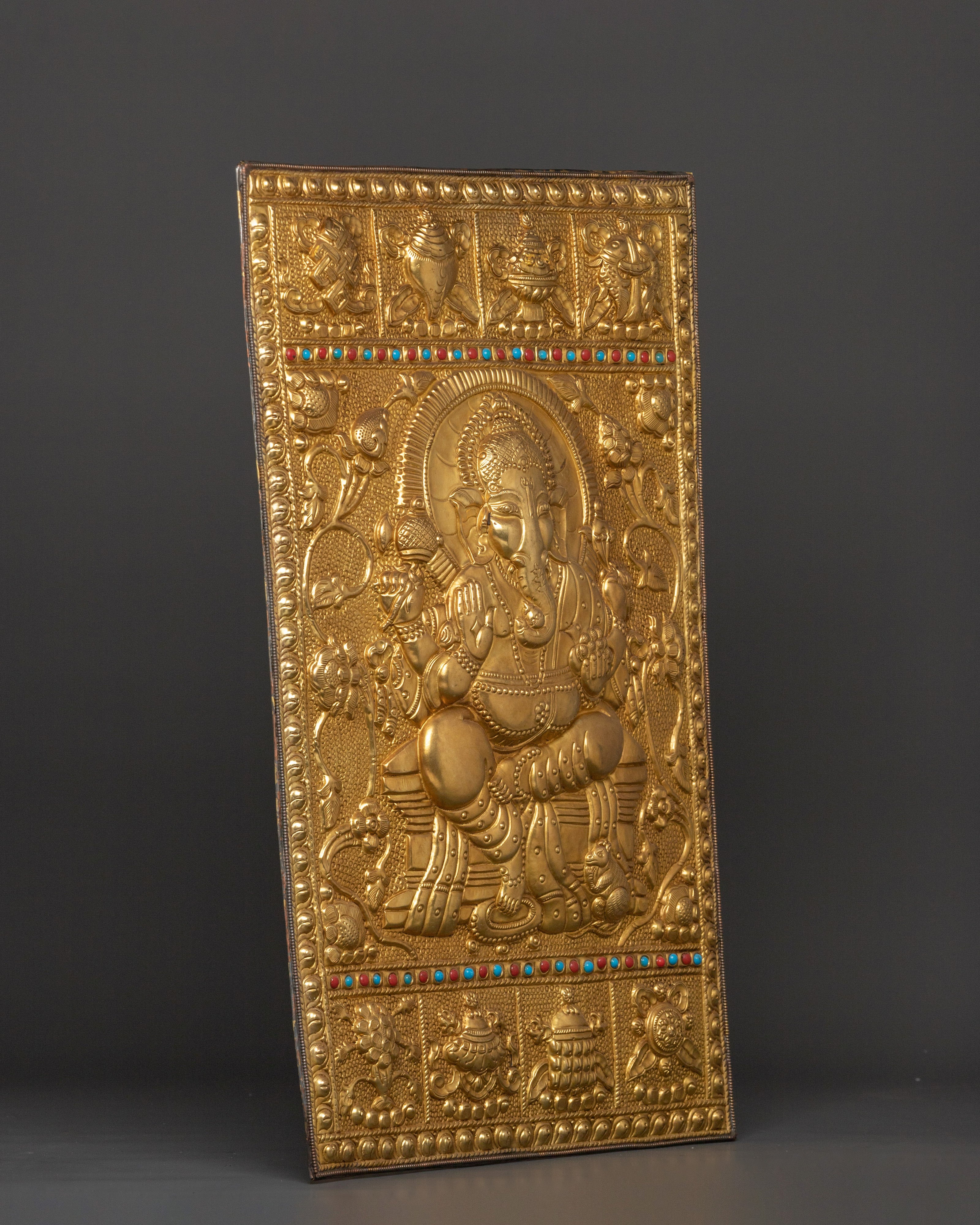 Lord Ganesha Engraved Wall Hanging | Brass Ganesha Sculpture with Colorful Inlay