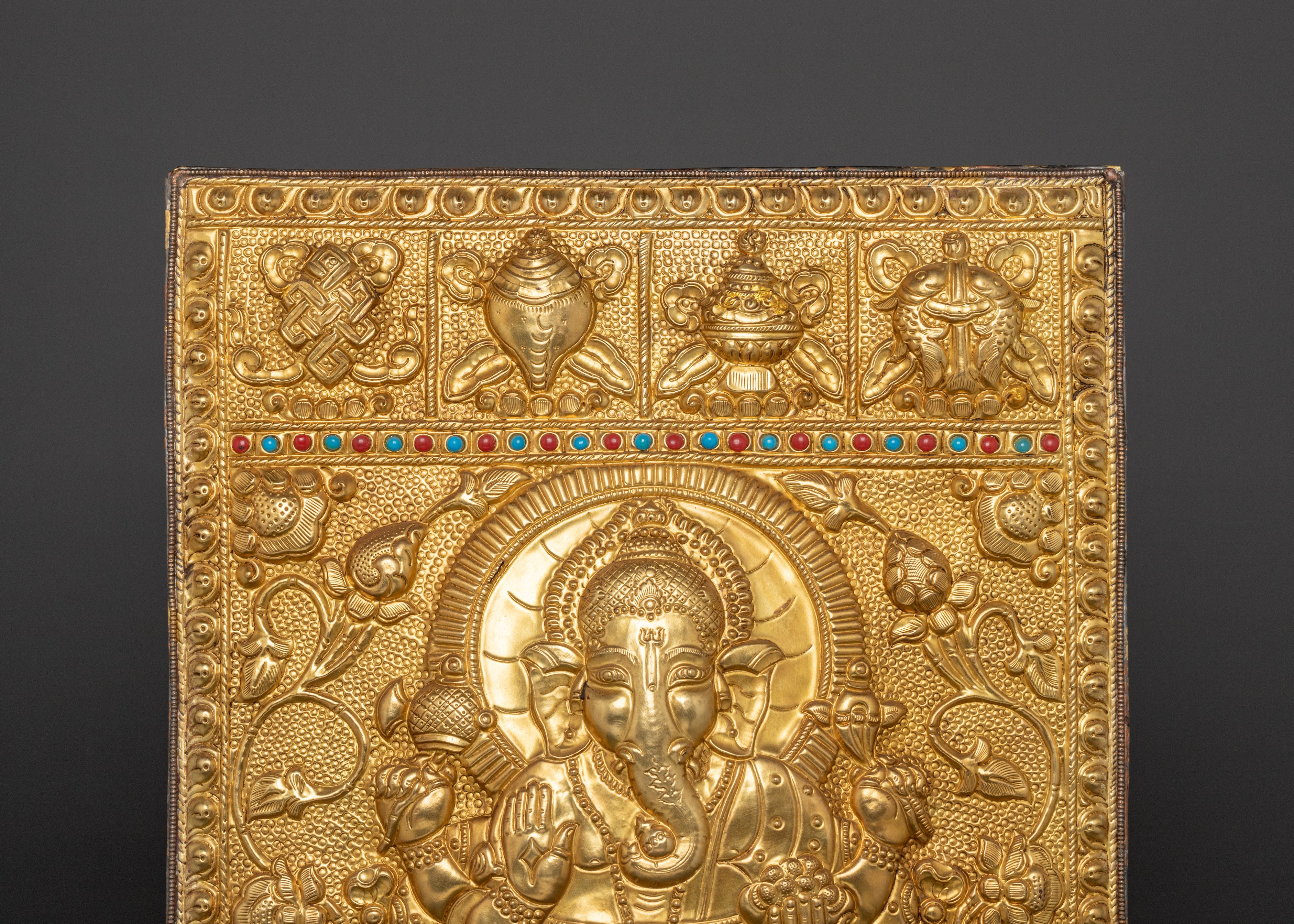 Lord Ganesha Engraved Wall Hanging | Brass Ganesha Sculpture with Colorful Inlay
