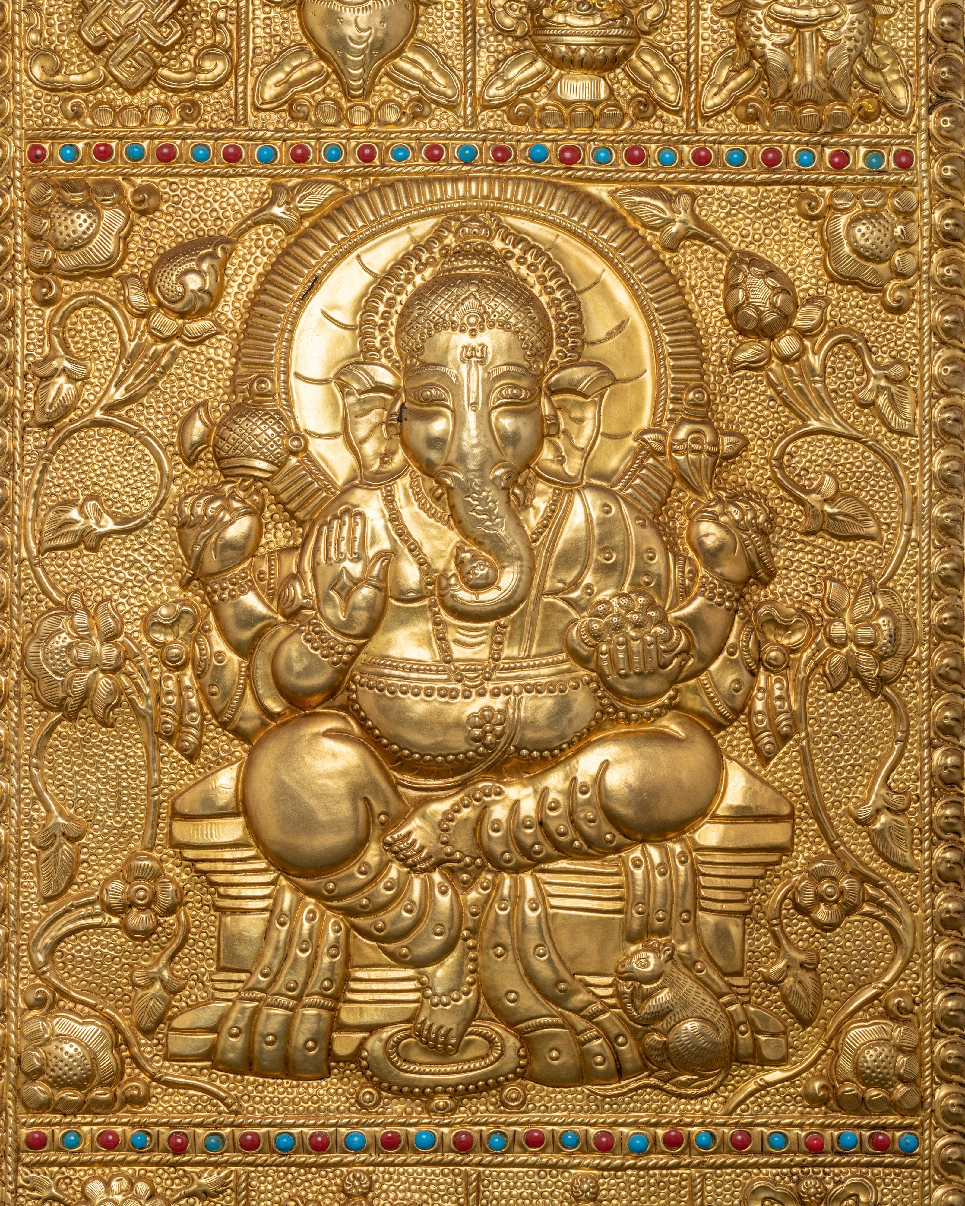 Lord Ganesha Engraved Wall Hanging | Brass Ganesha Sculpture with Colorful Inlay