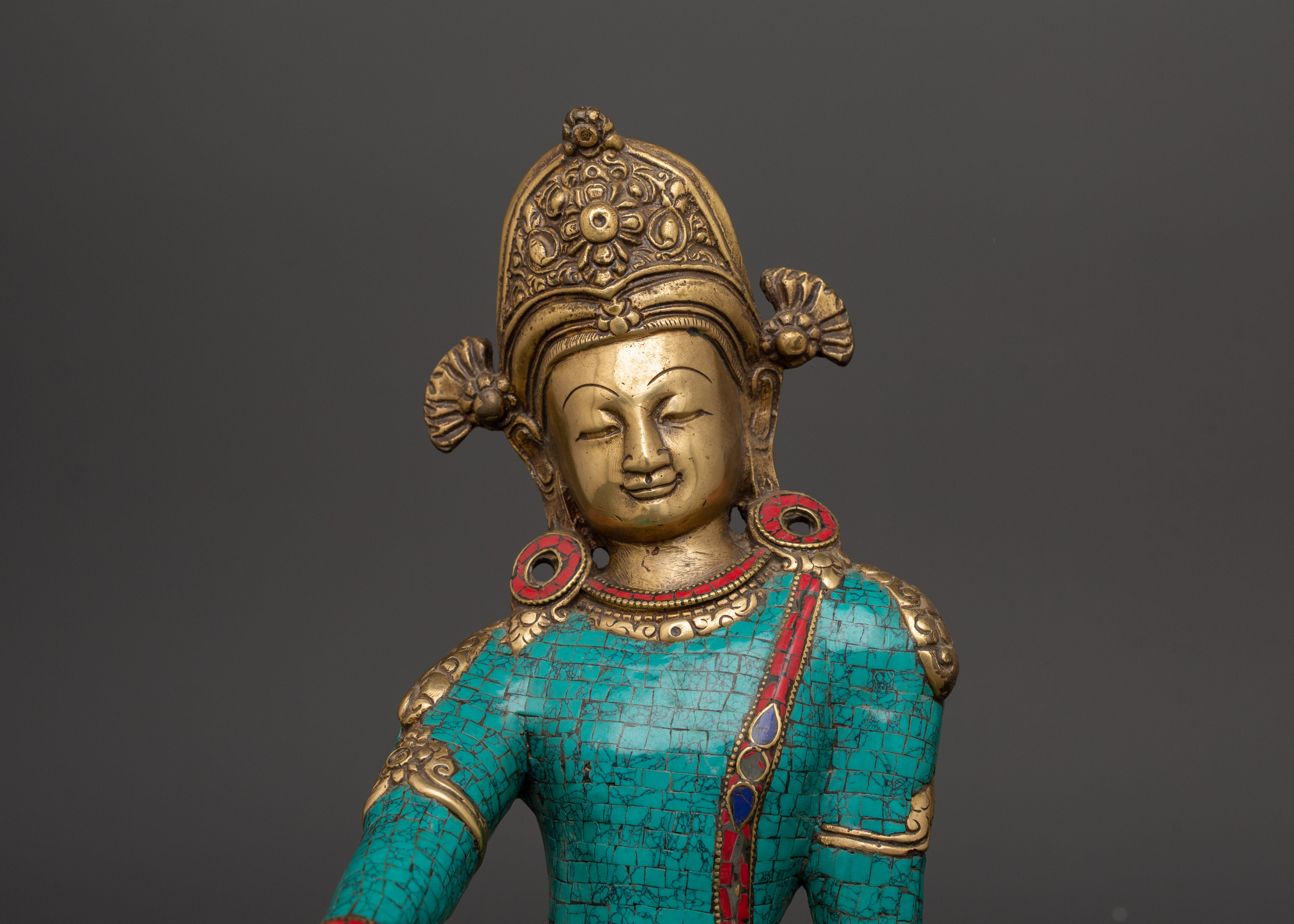 Lokeshwor Bodhisattva Statue | Brass Figurine with Turquoise & Coral Inlay