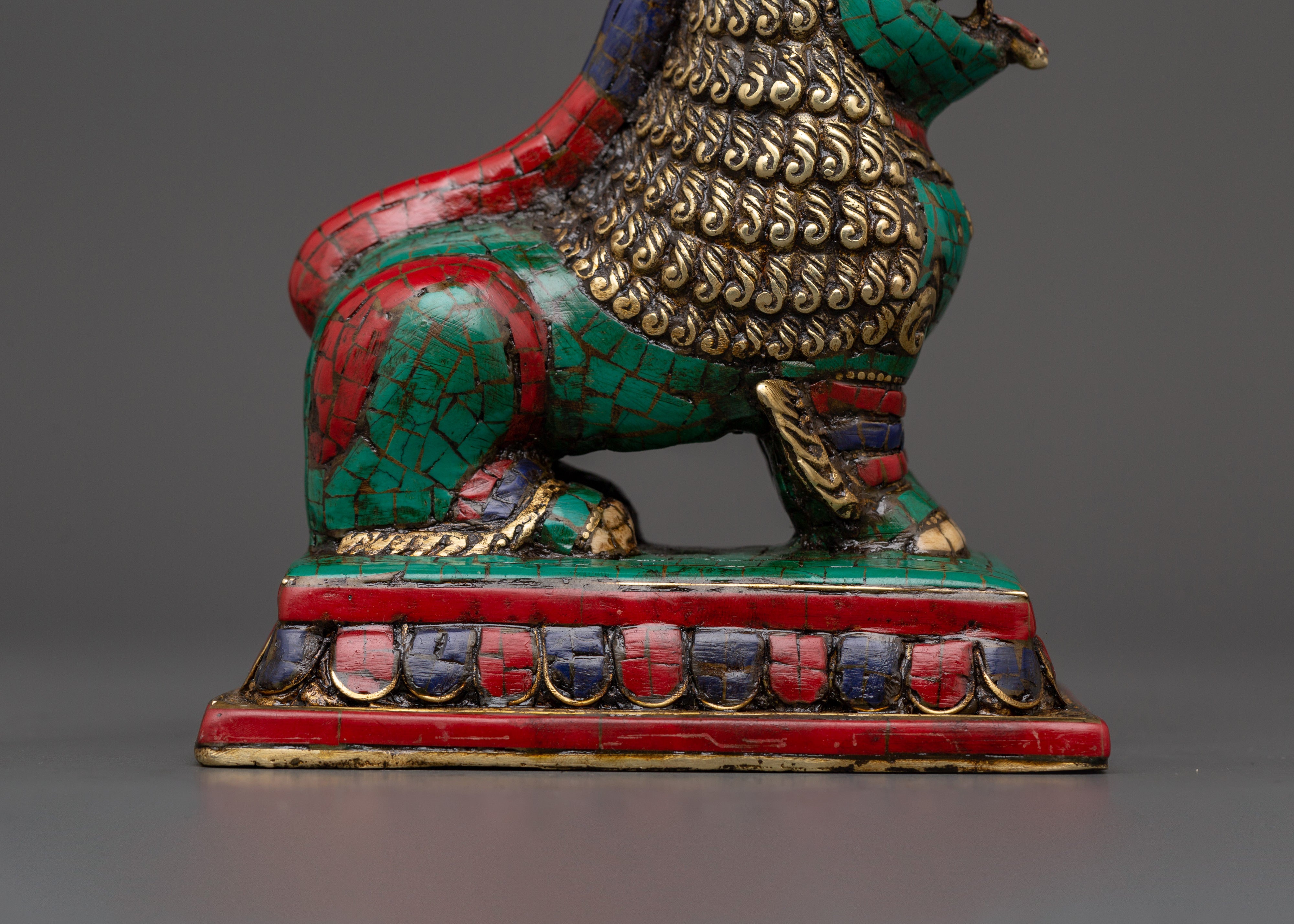 Tibetan Lion Set Brass Guardian Statues | Inlaid with Coral & Turquoise
