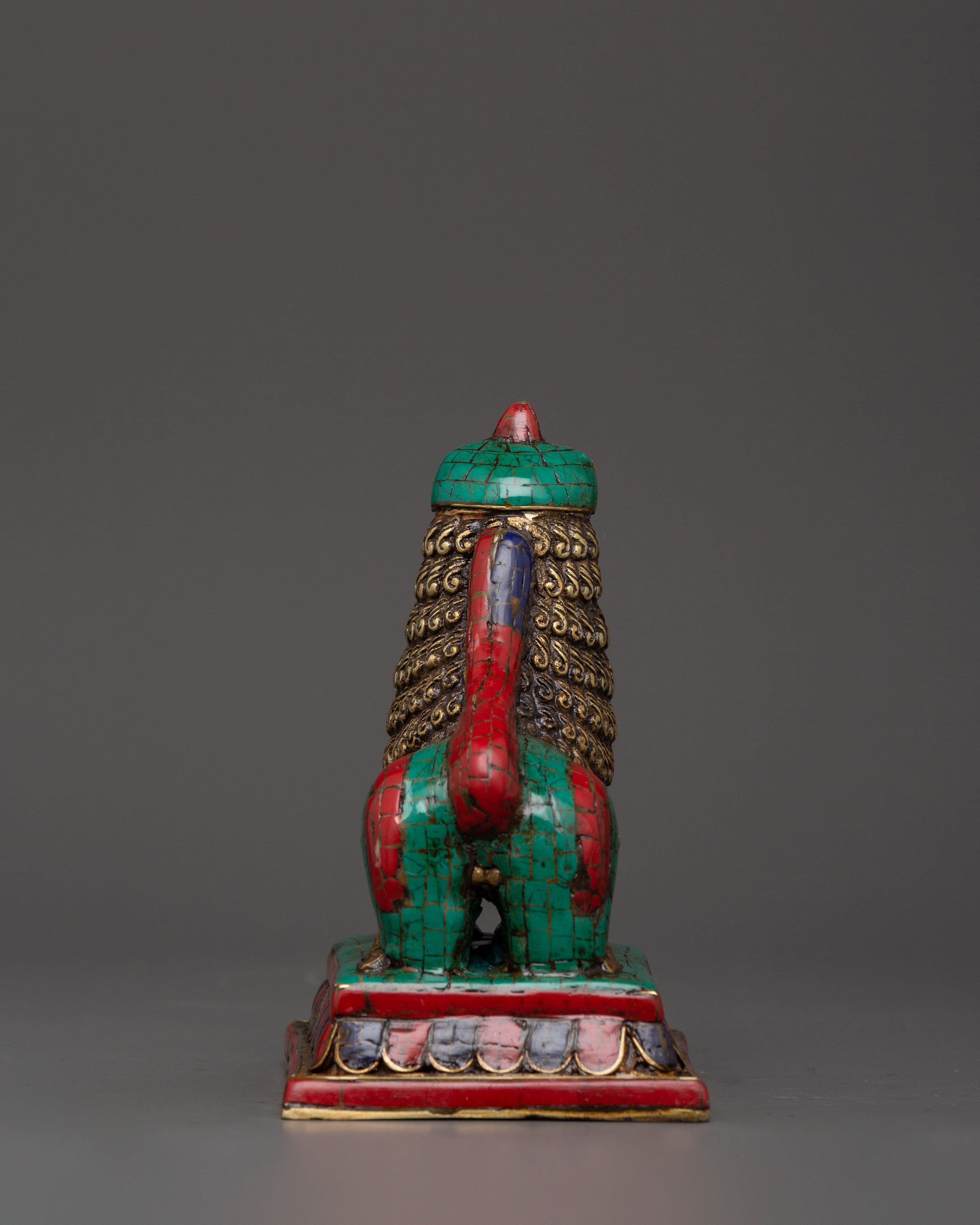 Tibetan Lion Set Brass Guardian Statues | Inlaid with Coral & Turquoise