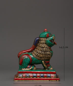 Tibetan Lion Set Brass Guardian Statues | Inlaid with Coral & Turquoise
