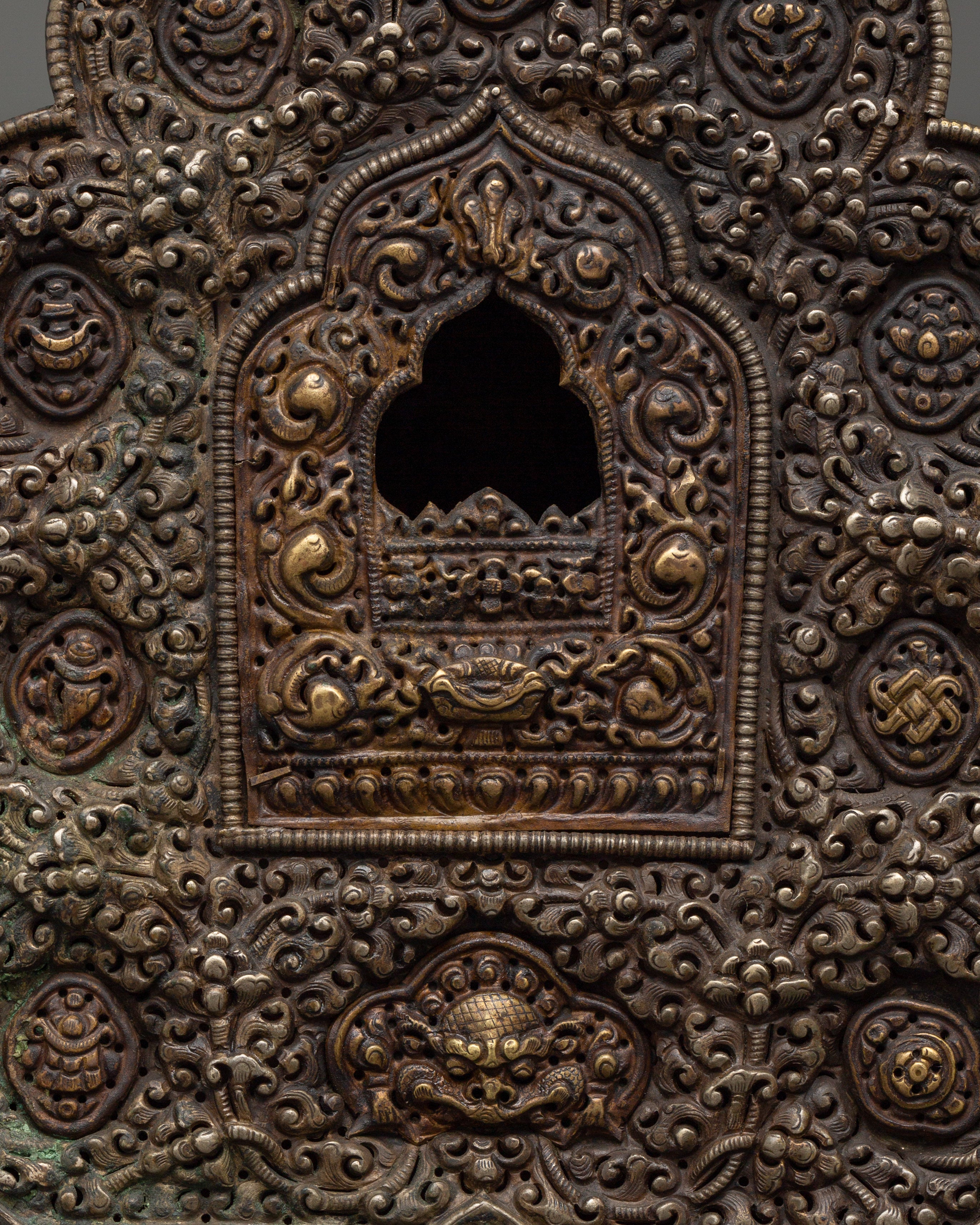 Handcrafted Tibetan Ghau Prayer Box | Brass, Silver & Copper Shrine with 8 Auspicious Symbols