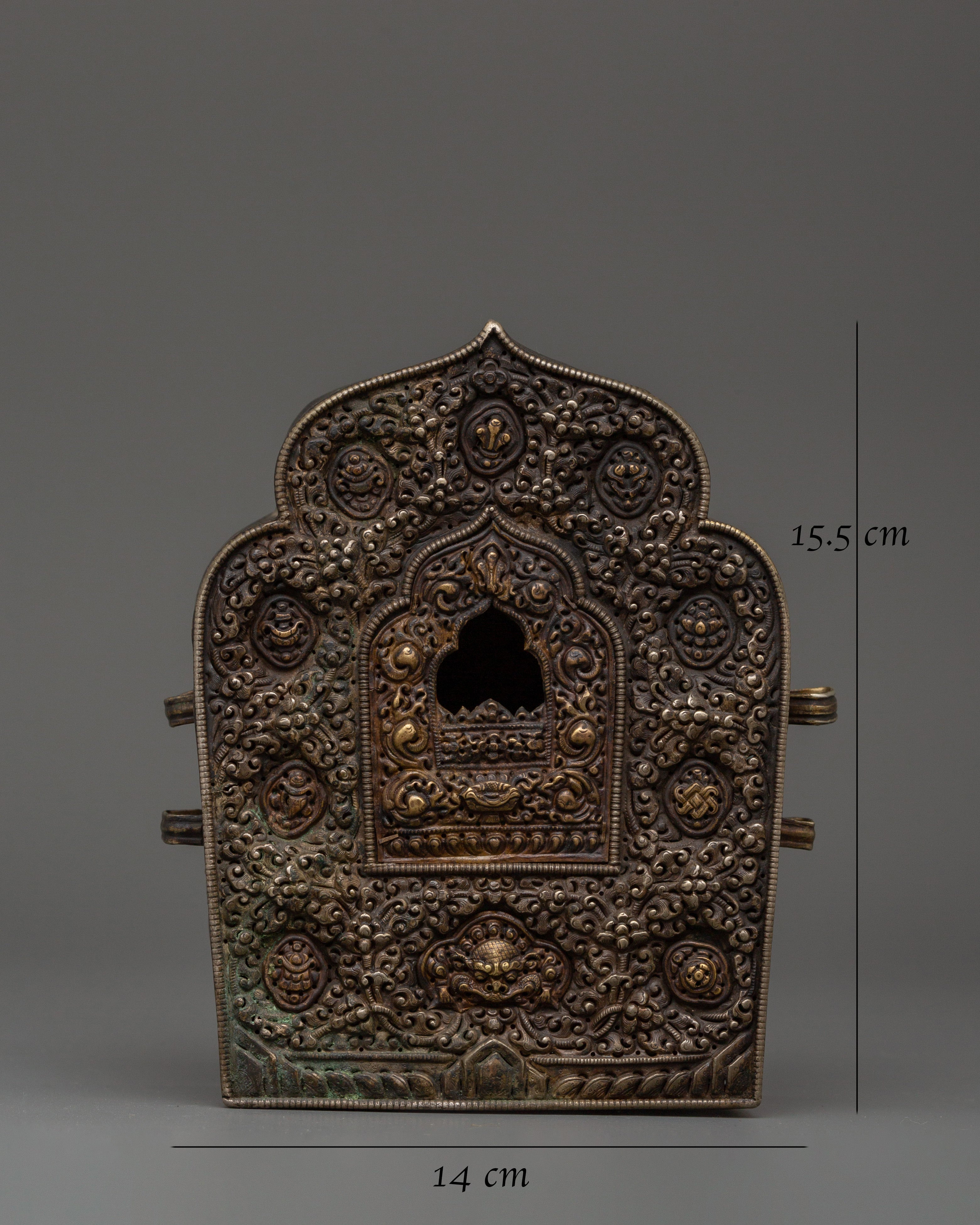 Handcrafted Tibetan Ghau Prayer Box | Brass, Silver & Copper Shrine with 8 Auspicious Symbols