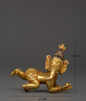 Ganesh Copper Gold-Plated Statue with Cora Stones | Hindu Ganesha Figurine