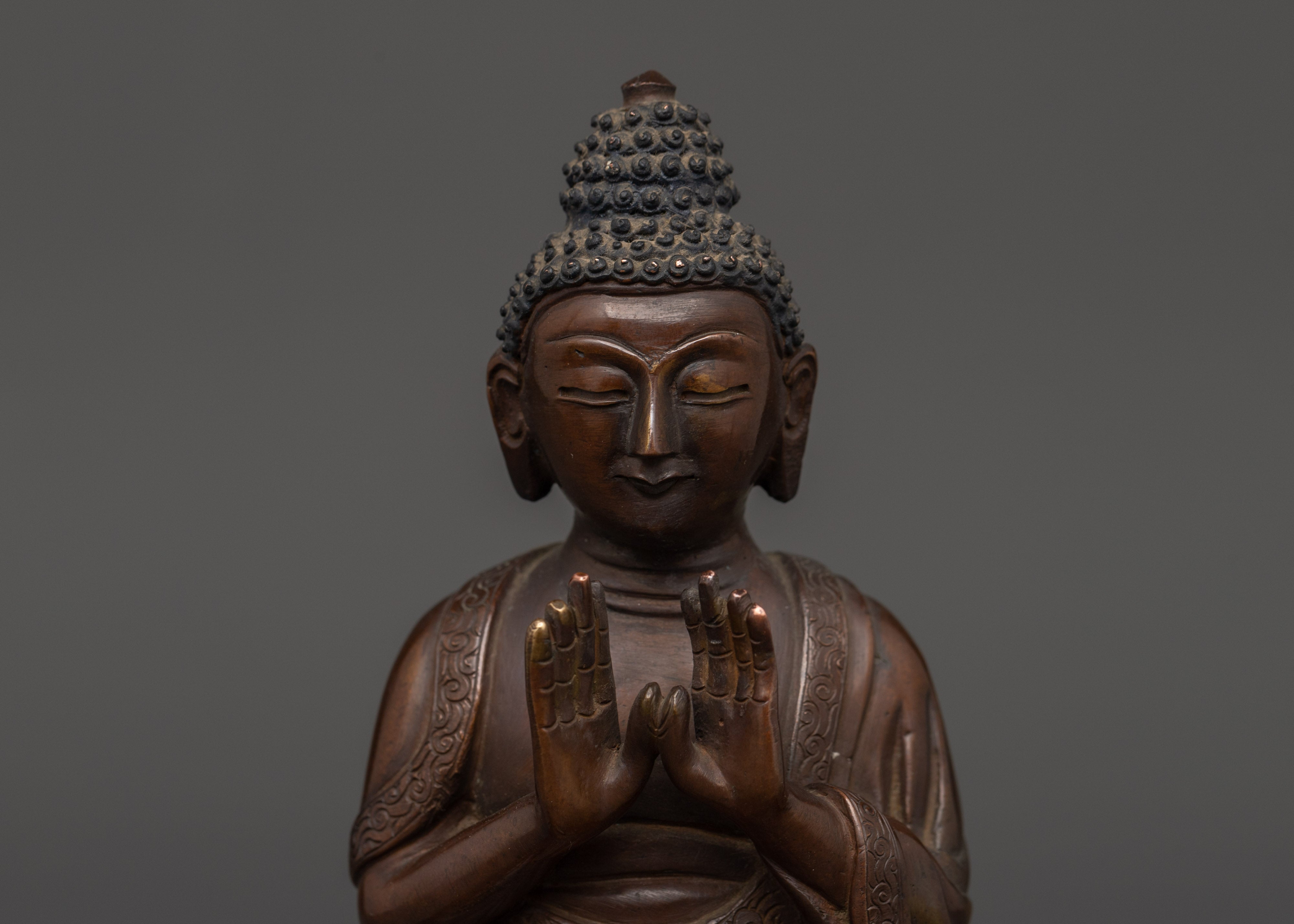 Oxidized Copper Buddha in Anjali Mudra | Handcrafted Hindu Statue