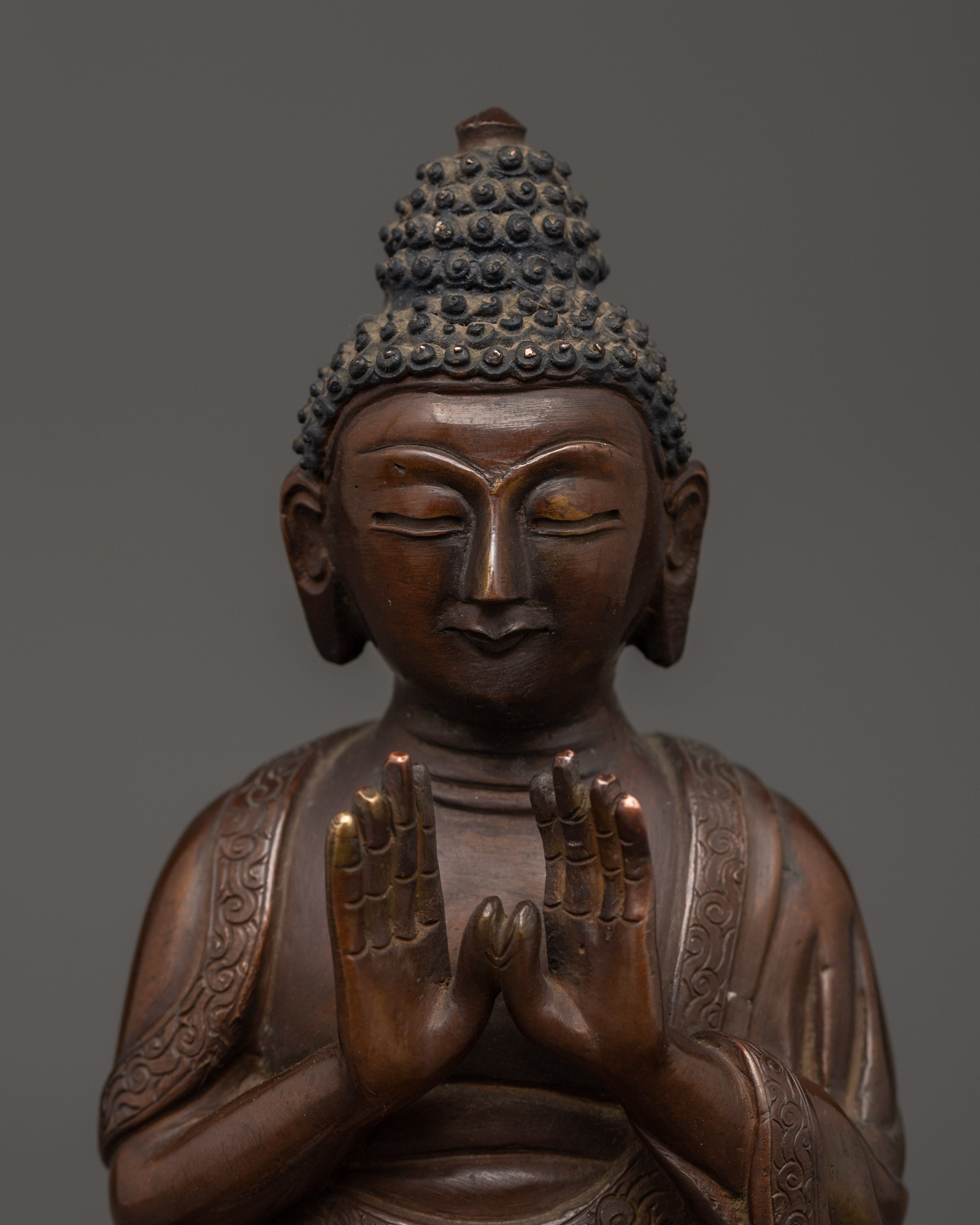 Oxidized Copper Buddha in Anjali Mudra | Handcrafted Hindu Statue