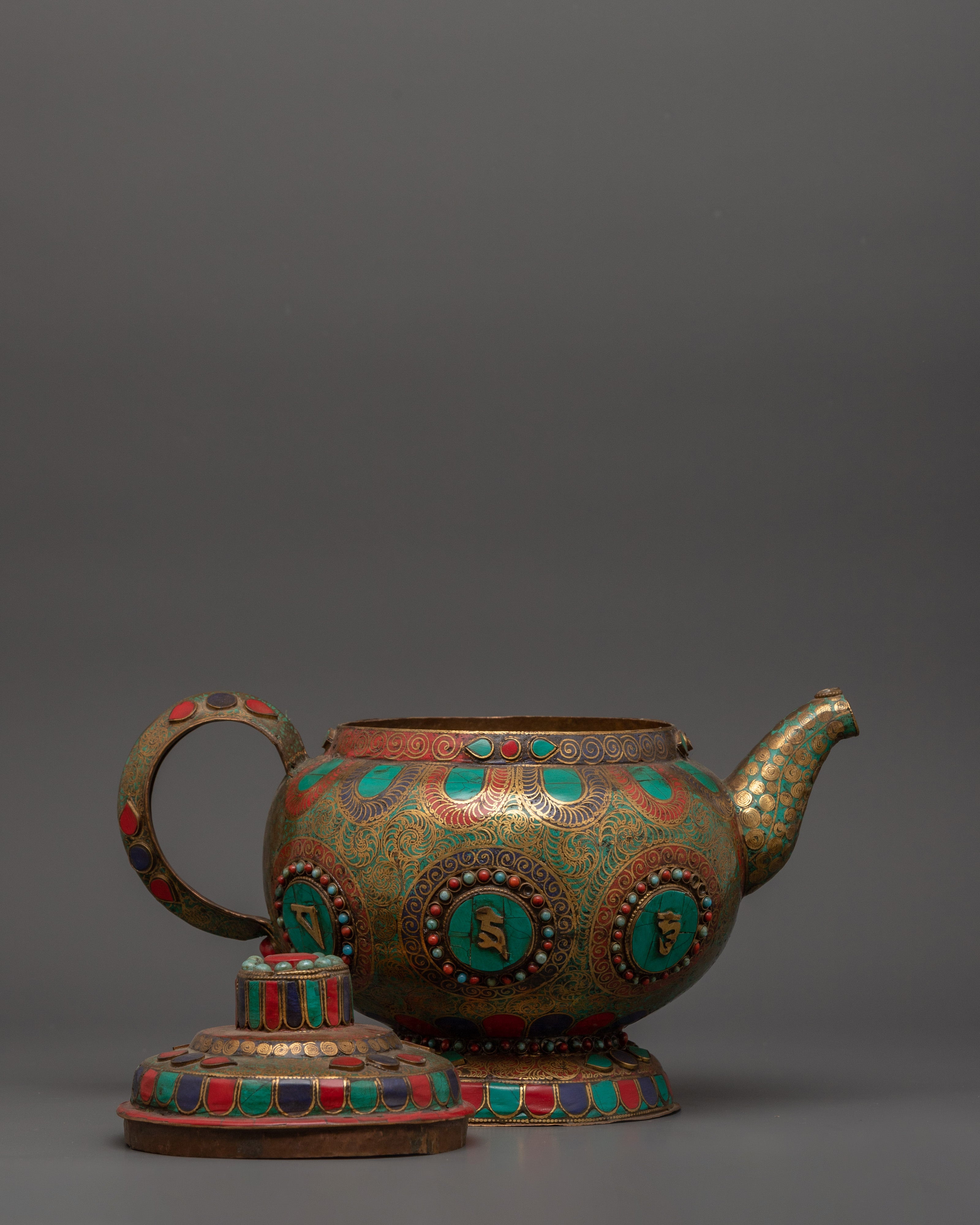 Mantra Carved Tea Pot | Tibetan Copper Ritual Vessel