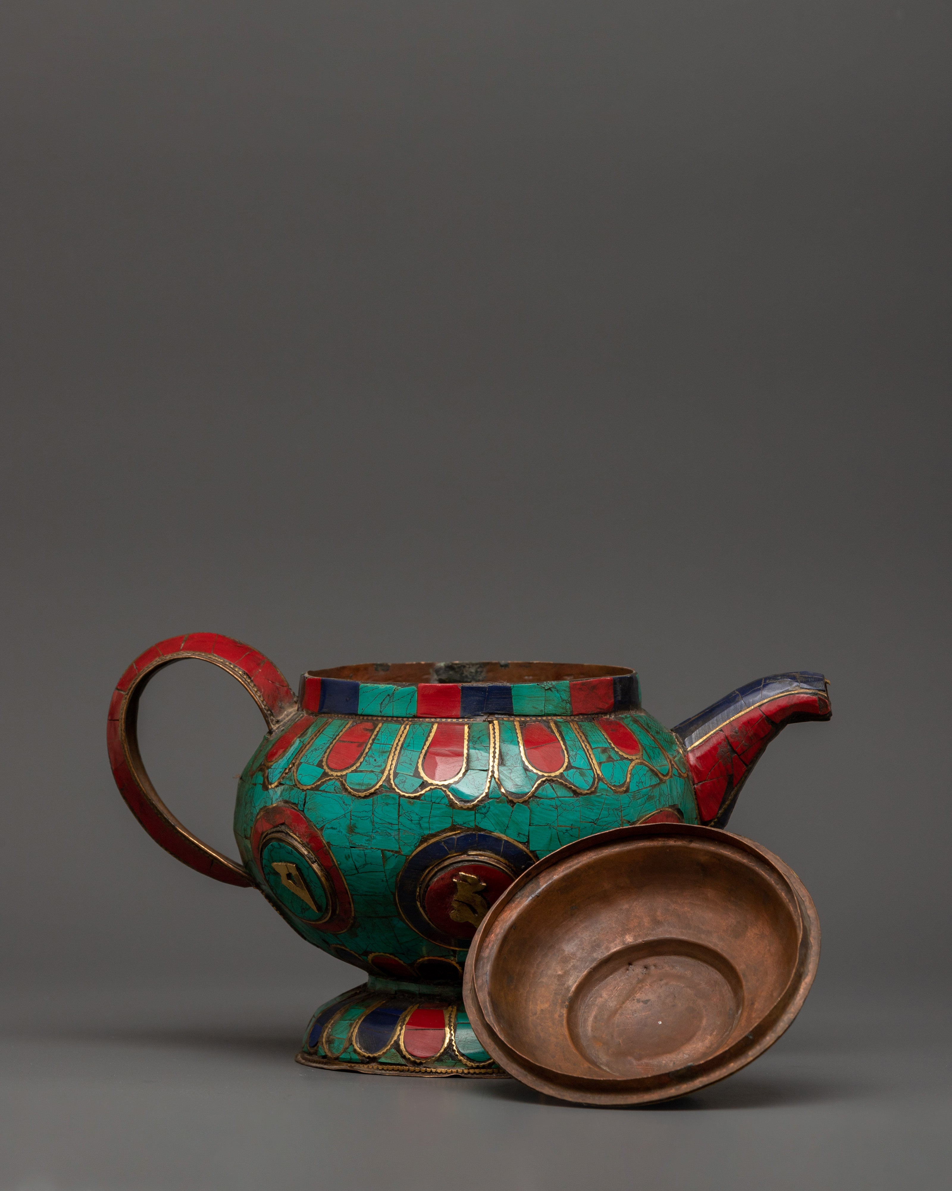 Gemstone Tea Pot with Mantra Carving | Turquoise, Coral & Lapis Sacred Decor