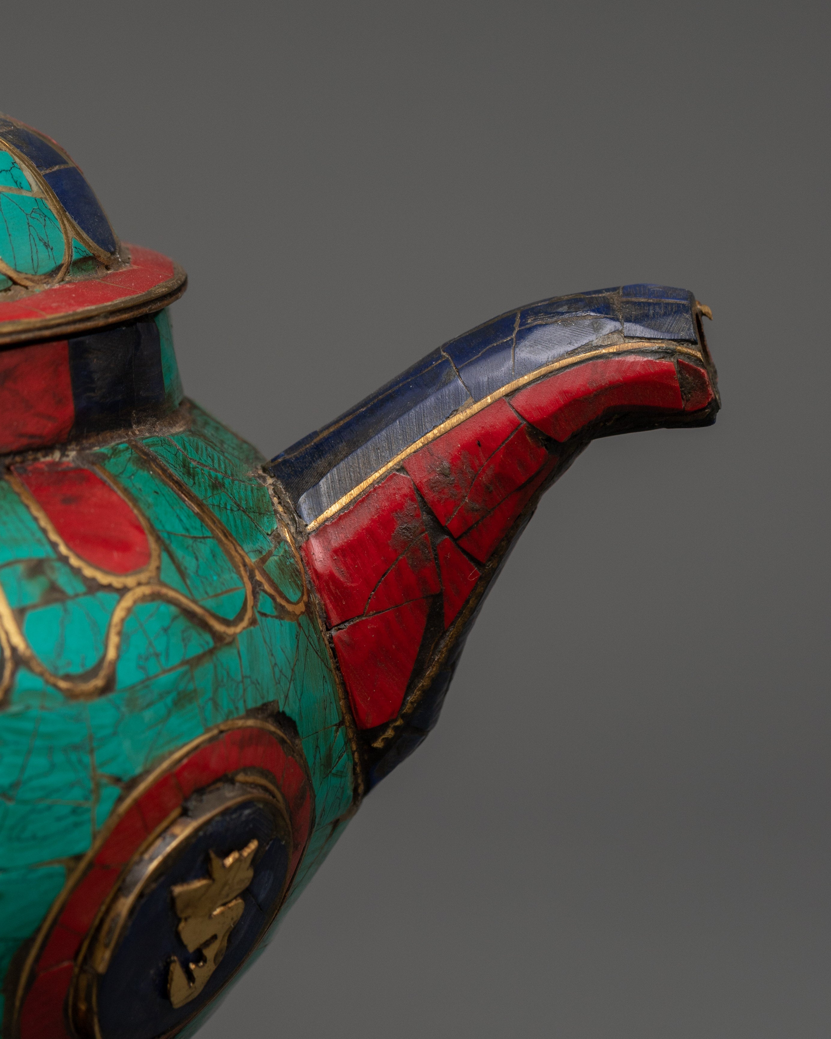 Gemstone Tea Pot with Mantra Carving | Turquoise, Coral & Lapis Sacred Decor