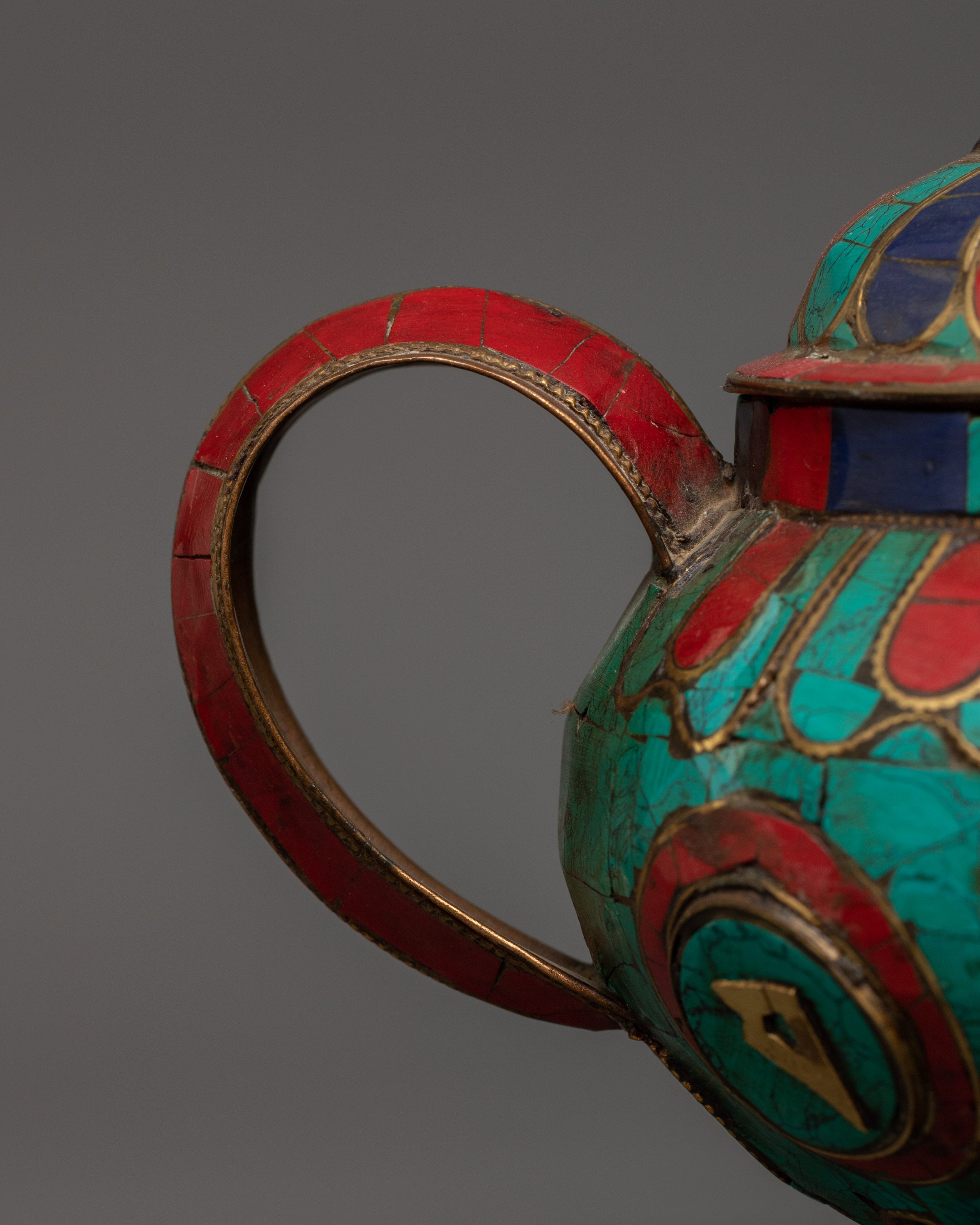 Gemstone Tea Pot with Mantra Carving | Turquoise, Coral & Lapis Sacred Decor