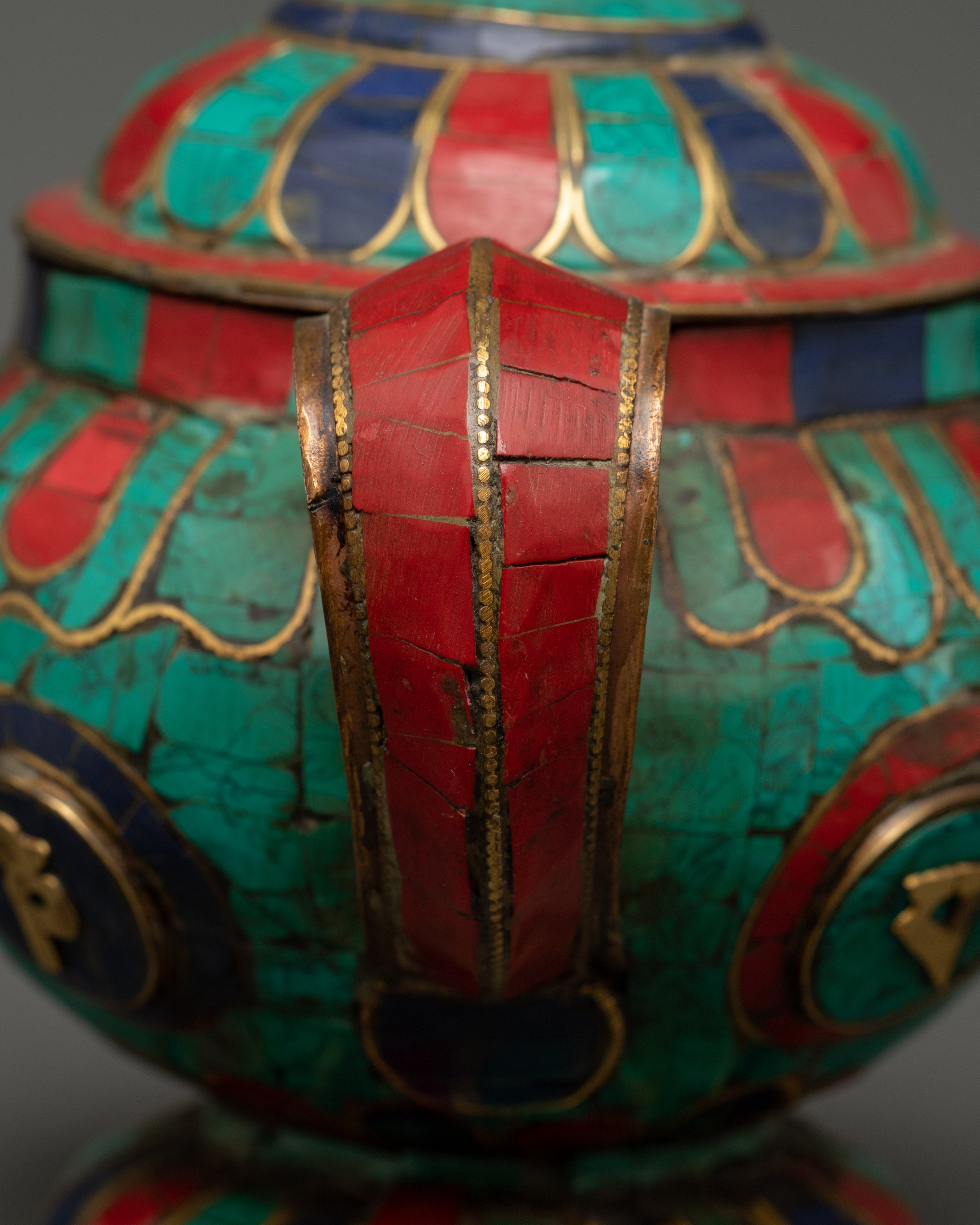 Gemstone Tea Pot with Mantra Carving | Turquoise, Coral & Lapis Sacred Decor