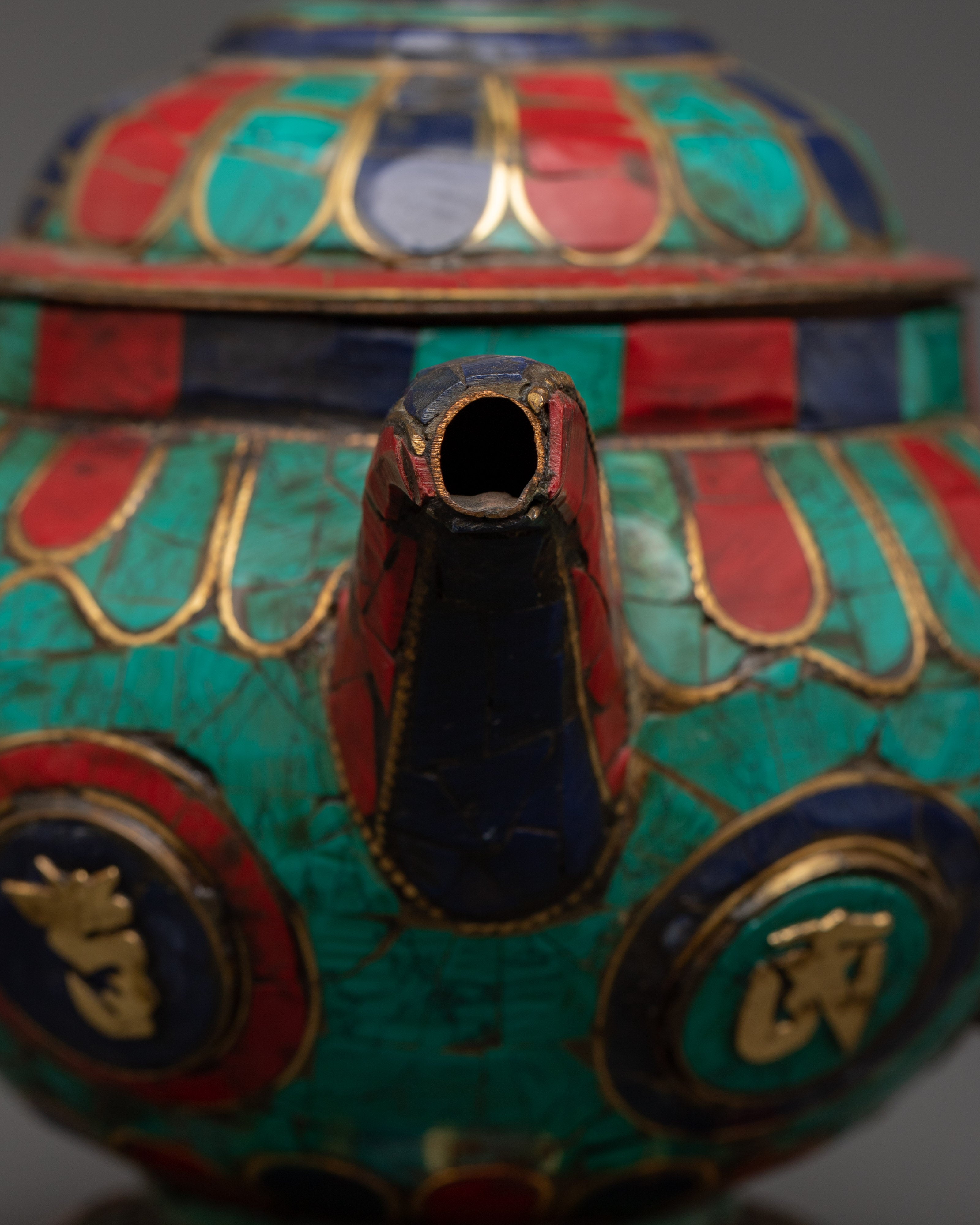 Gemstone Tea Pot with Mantra Carving | Turquoise, Coral & Lapis Sacred Decor