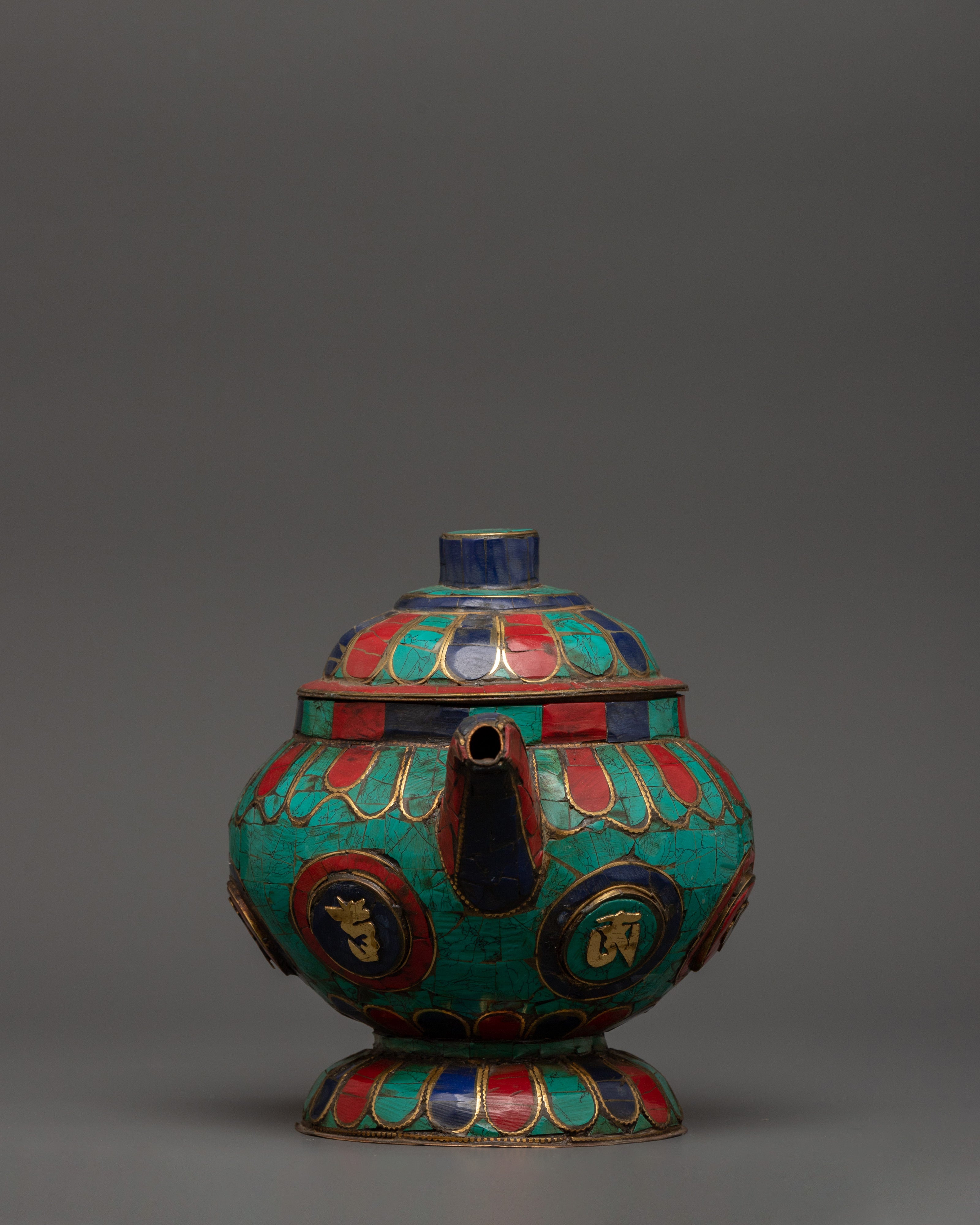 Gemstone Tea Pot with Mantra Carving | Turquoise, Coral & Lapis Sacred Decor