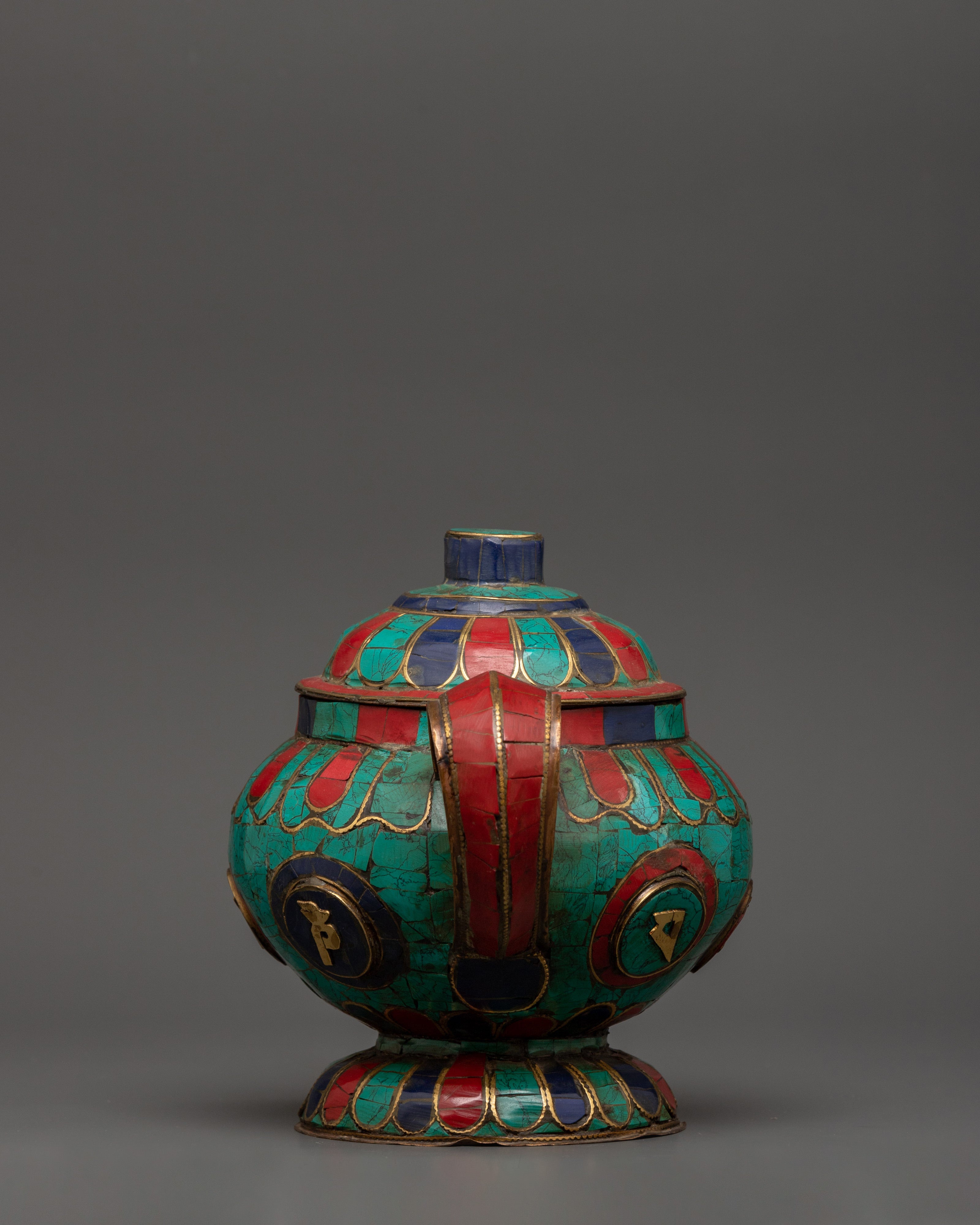 Gemstone Tea Pot with Mantra Carving | Turquoise, Coral & Lapis Sacred Decor