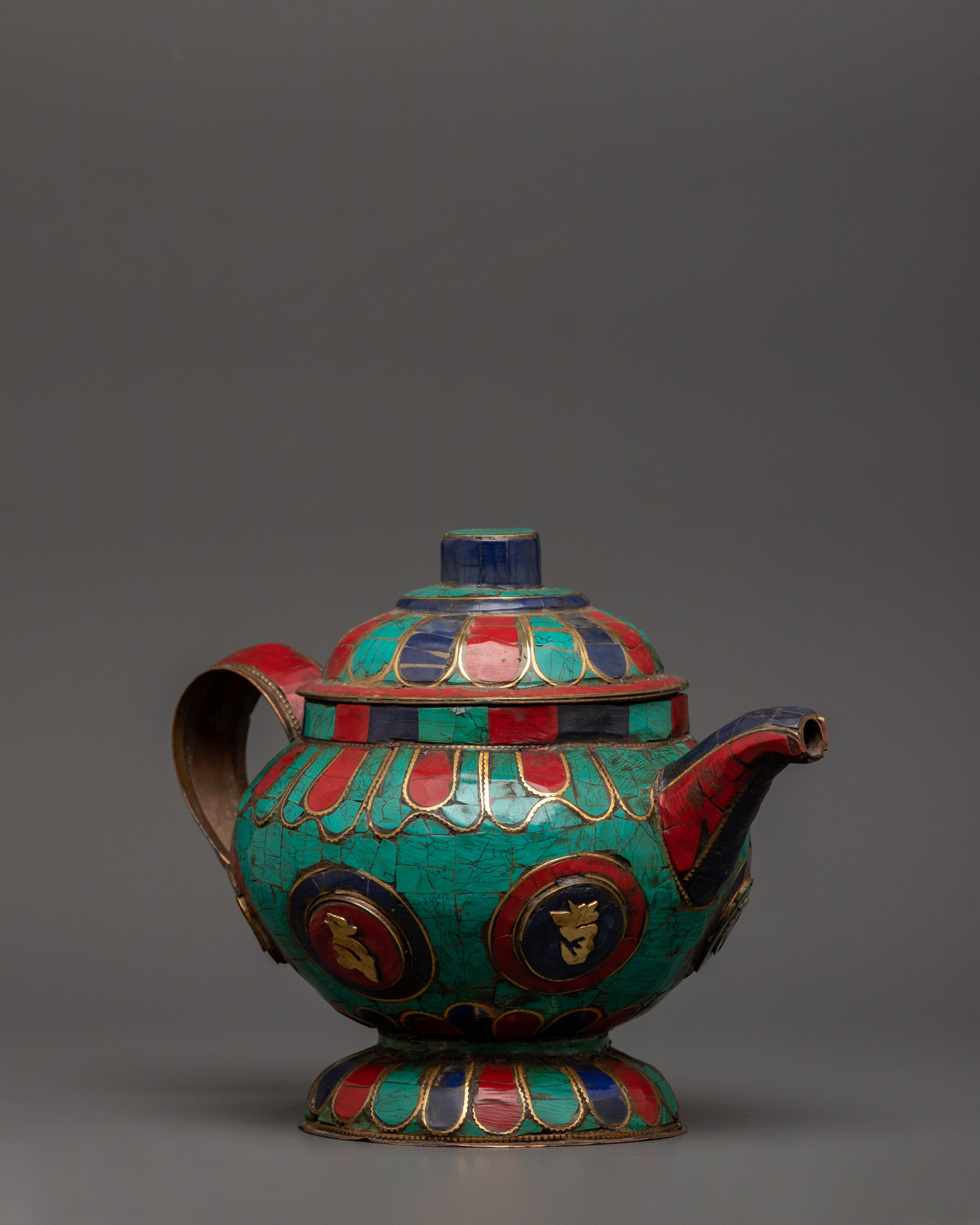 Gemstone Tea Pot with Mantra Carving | Turquoise, Coral & Lapis Sacred Decor