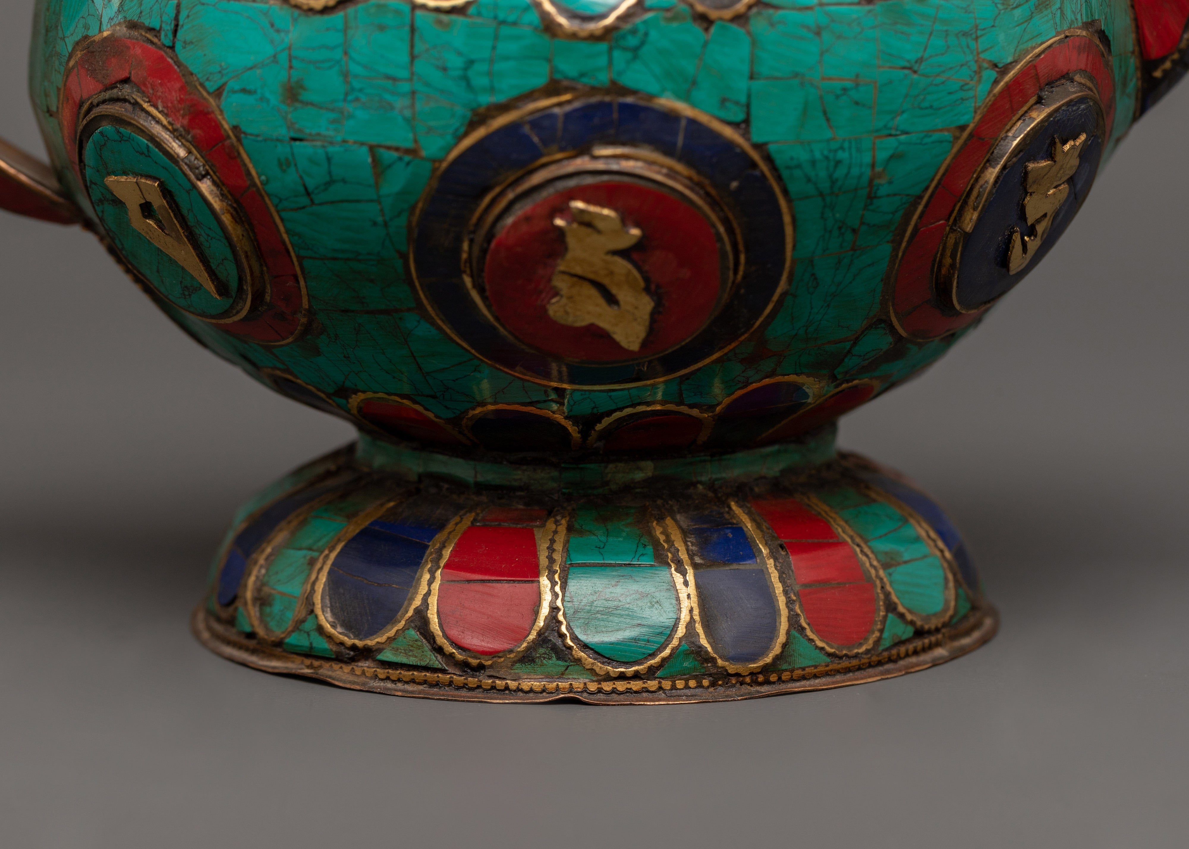 Gemstone Tea Pot with Mantra Carving | Turquoise, Coral & Lapis Sacred Decor